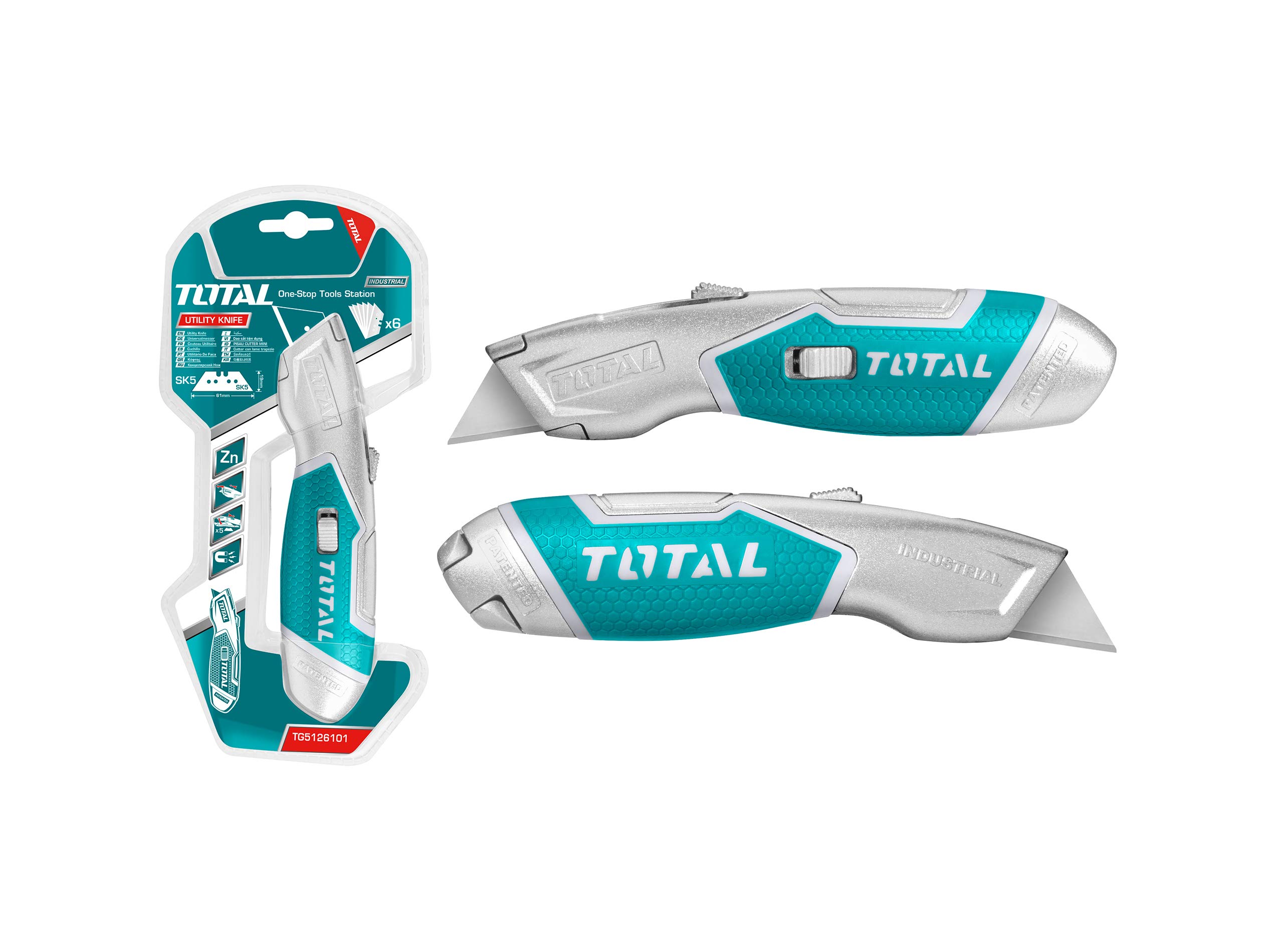 TOTAL Total Industrial Utility Knife175 mm, 61x19 mm Blade, with 6 PCS SK5 Blade Made with Zinc Alloy Body