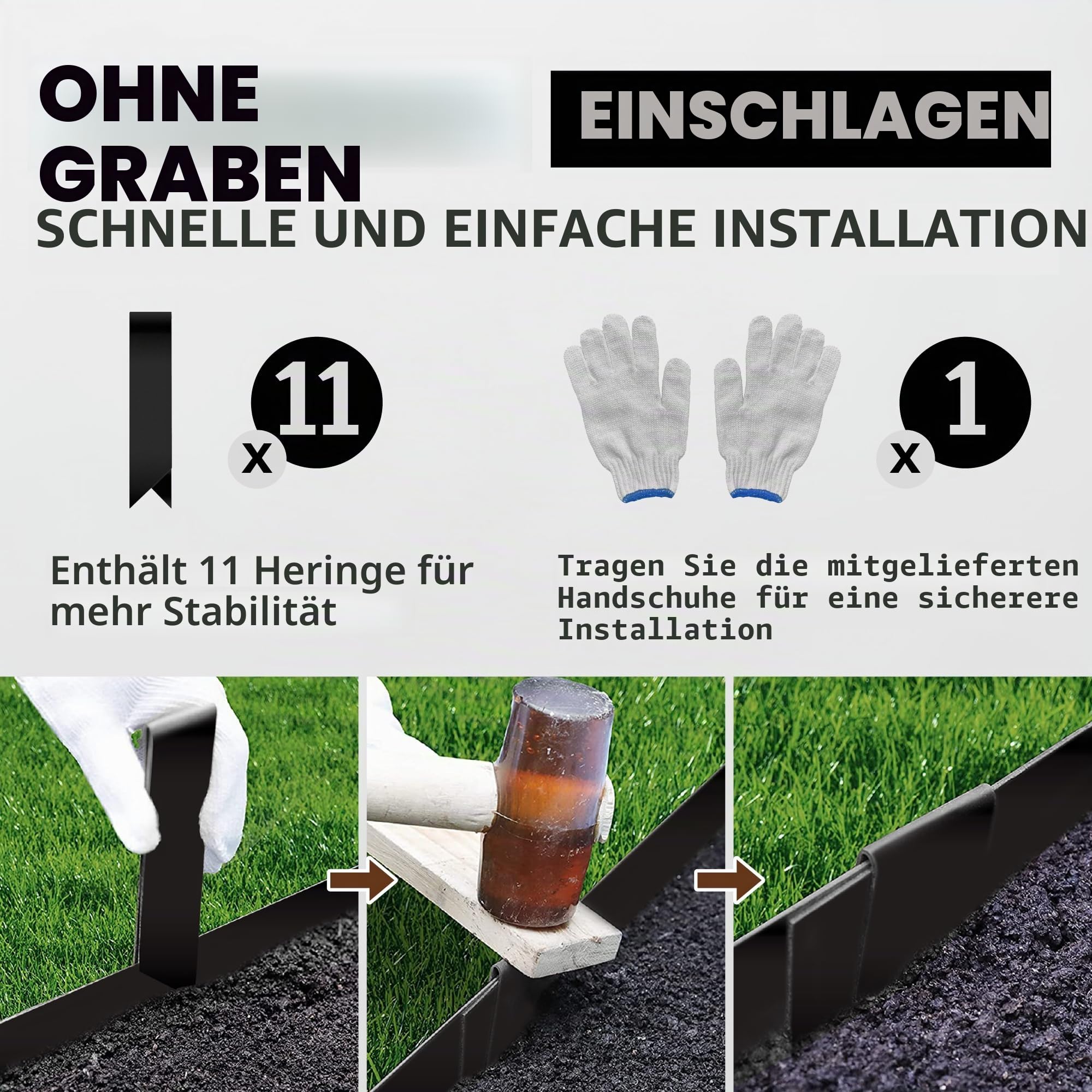 Verzinkte Corten Rasenkante, 10 m L x 11,4 cm H mit schwarzer Pulverbeschichtung, Stahl Landschaftseinfassung, Stahl Rasenkante Hammer in Garden Rand Grenze mit 11 Clips