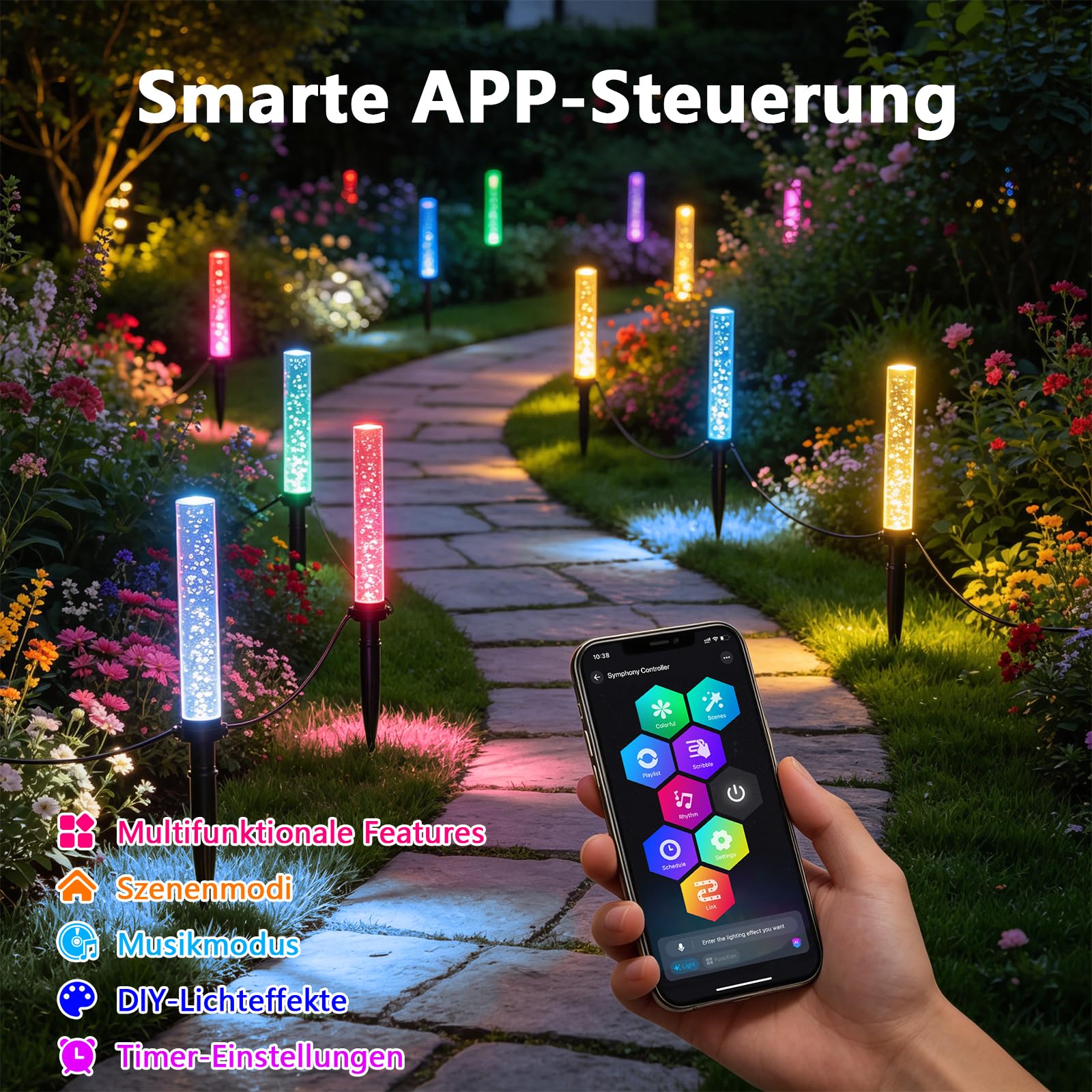 Gartenbeleuchtung Außen RGB-IC LED, Neon Outdoor Lichterkette mit Erdspieß, App & Fernbedienung, DIY Farbwechsel, Timer, IP65 Wasserdicht für Garten, Terrasse, Rasen und Balkon