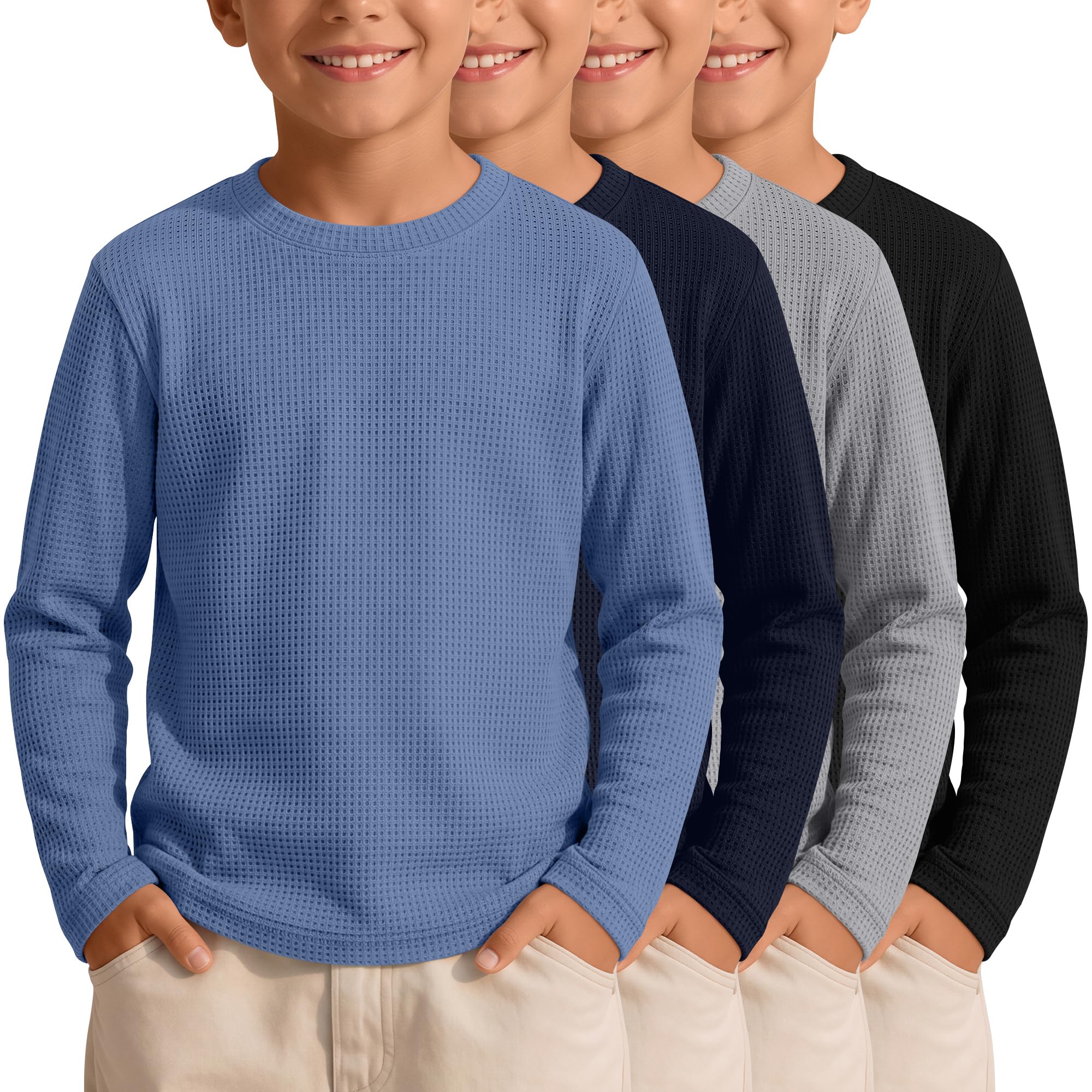 4 Pack Boys Long Sleeve Waffle Knit Thermal Shirts