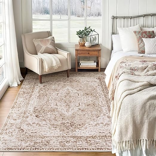 Lofus 3x5 Area Rugs for Living Room, Machine Washable Area Rug, Soft Small Rugs for Bedroom, Kitchen, Office and Indoor, Vintage Boho Carpet, Non-Slip Low Pile Carpets, Vintage Beige Brown