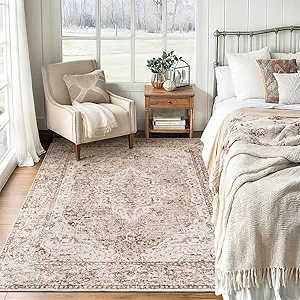 Lofus 3x5 Area Rugs for Living Room, Machine Washable Area Rug, Soft Small Rugs for Bedroom, Kitchen, Office and Indoor, Vintage Boho Carpet, Non-Slip Low Pile Carpets, Vintage Beige Brown
