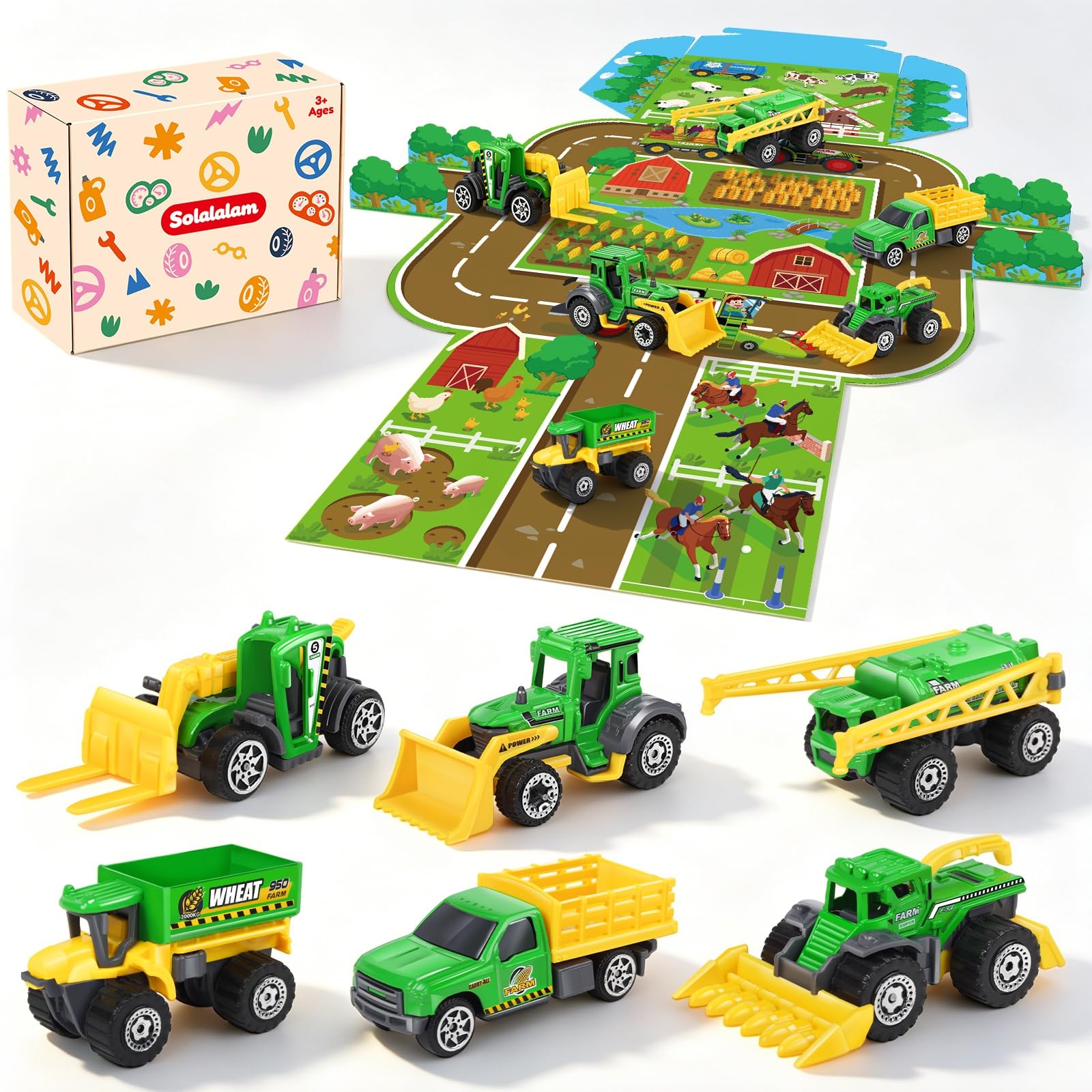 Solalalam Diecast Farm Tractor Toy & Activity Play Map Kids Play Vehicles