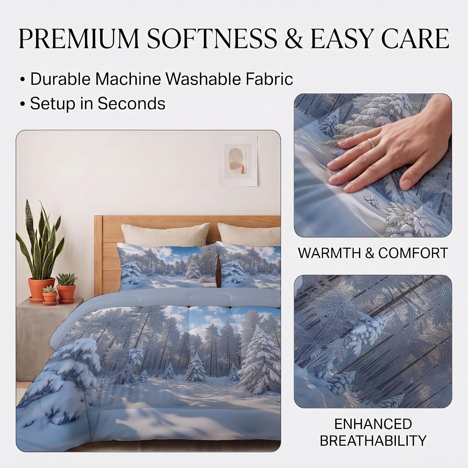 3 Piece Quilts Queen Size Bedding Set, Light Blue Lightweight Bedspread, Soft Microfiber, Snowy Forest Pattern for All Season Bed Coverlet with 2 Pillow Shams, 90"X90"