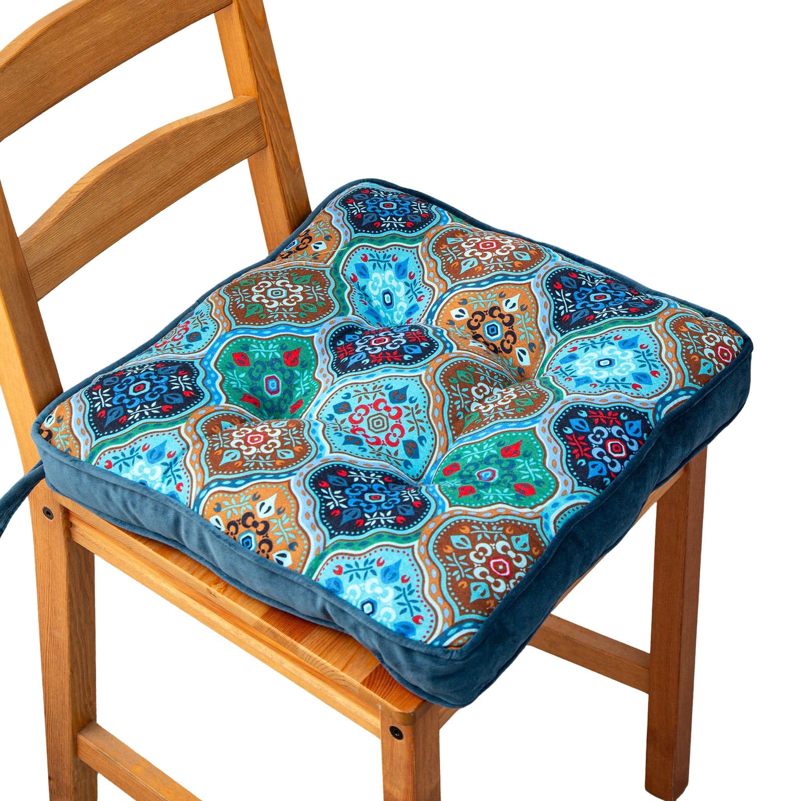 Huierxun Luxury Velvet Chair Cushion for Dining - Soft Comfortable Pads With Ties, Boho Printed Seat Cushion for Kitchen, Office (Navy, 16"x16")