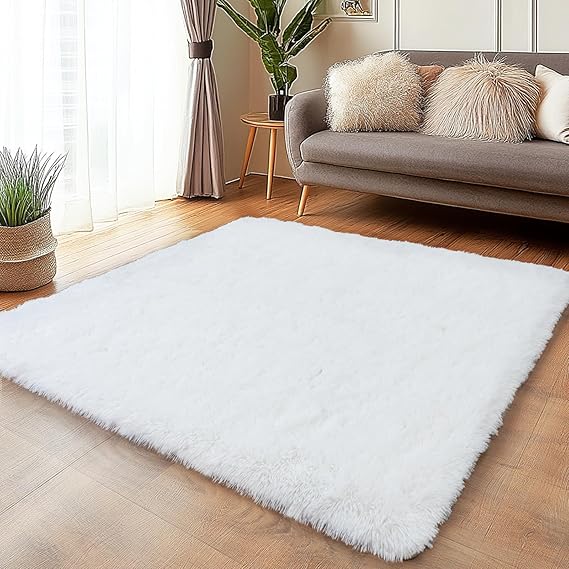 White Fluffy Rugs for Living Room 3x5 ft - Ultra Soft Faux Fur Area Rug - Plush Non-Slip Shaggy Carpet for Bedroom, Kids Boys Girls Dorm Nursery Room