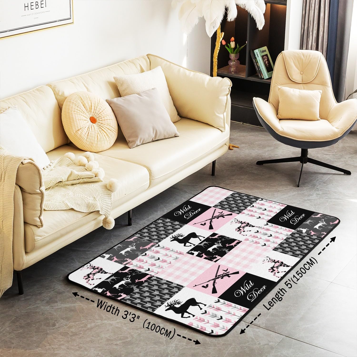 Camo Antler Area Rug 5x7 Kids Deer Hunting Pink Plaid Buffalo Decorative Carpet for Boys Teens Farmhouse Cabin Camouflage Boho Arrow Living Room Rugs Wild Animal Indoor Floor Mat Accent Rug