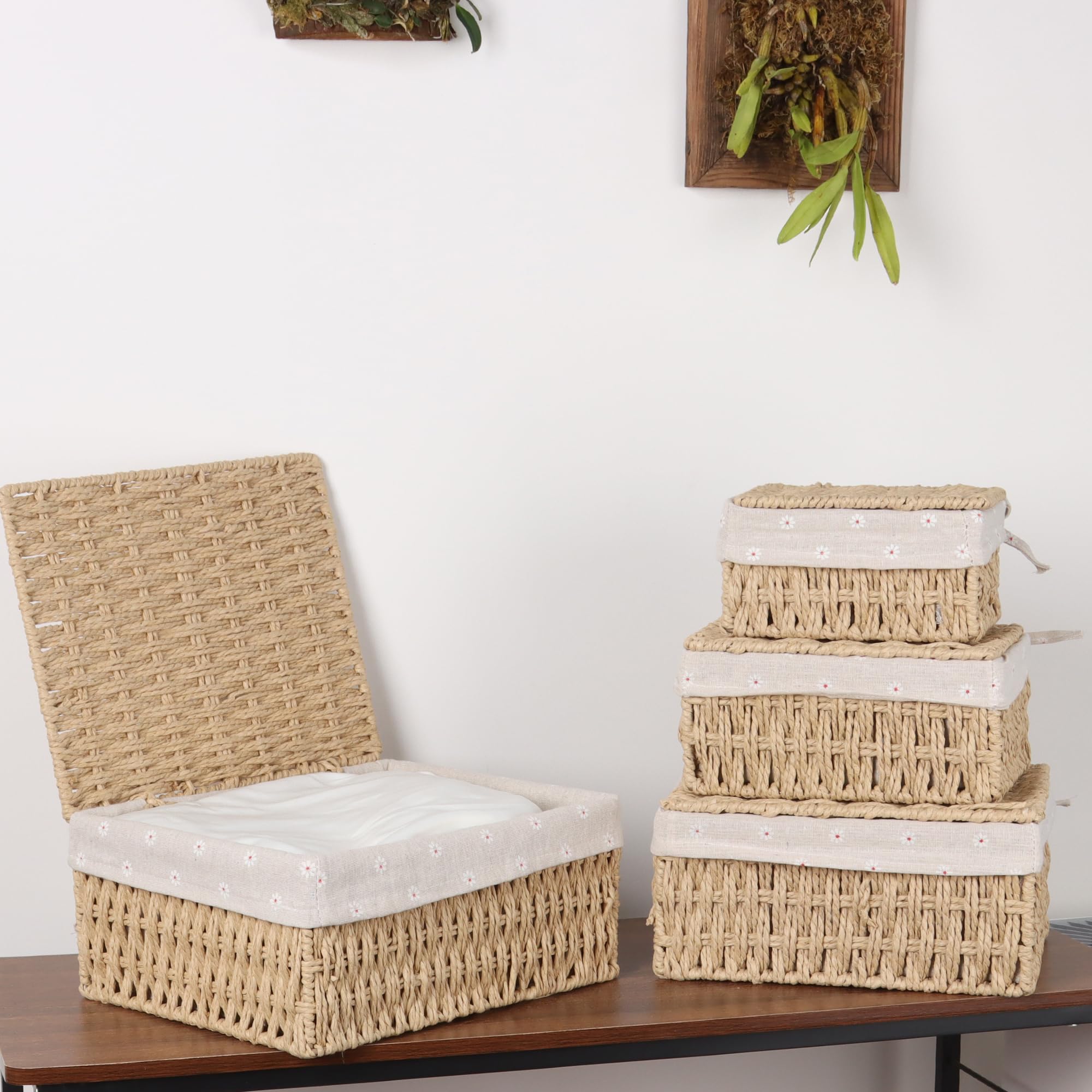 FEILANDUO Canastas de mimbre con tapa, cestas de cuerda de papel tejidas a mano para organizar, cesta rectangular para almacenamiento, cajas de escritorio con tapas, organizador para el hogar, grande