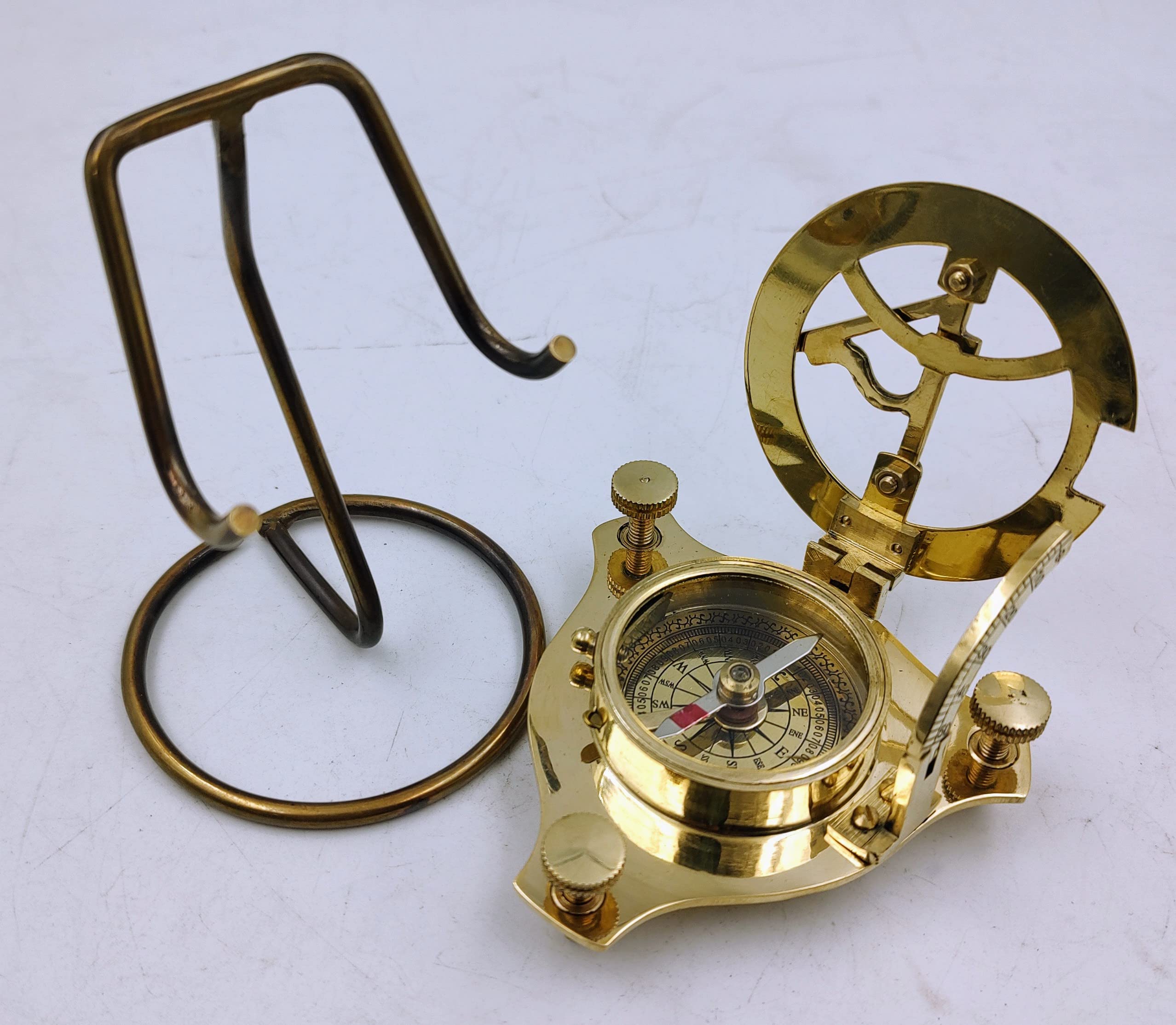 Sundial Compass for Hiking, 3 Inches Nautical Compass for Outdoor, Pocket Compass for Hiking, with Display Stand Camping Maritime Vintage Brass Sundial Compass 1