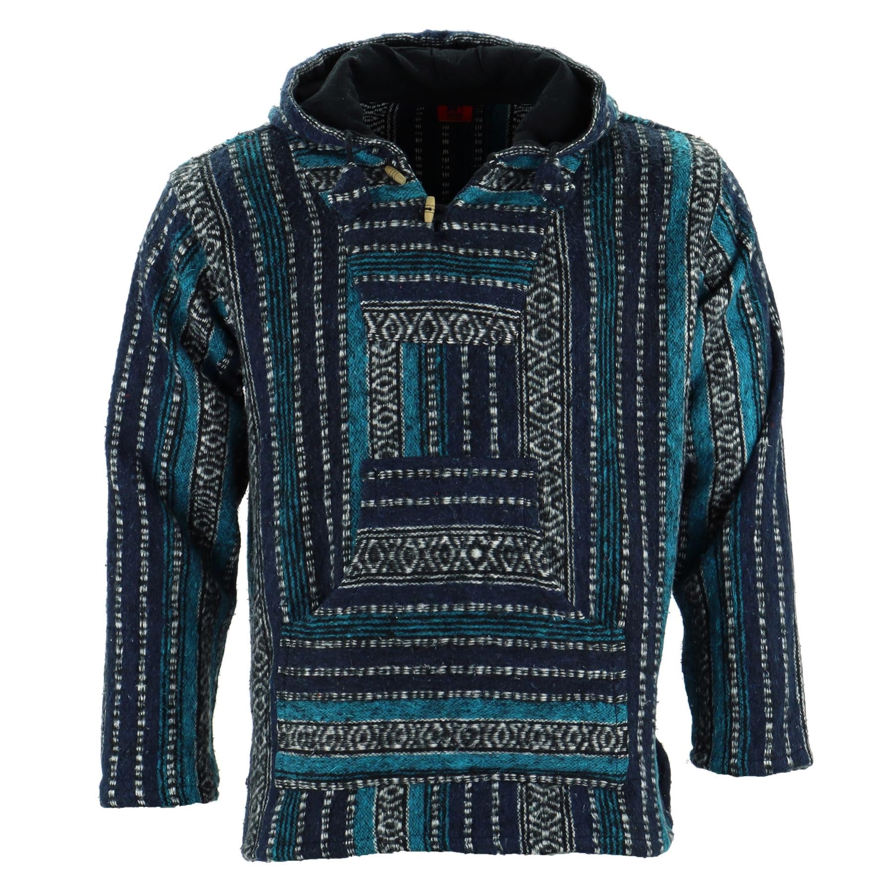 LOUDelephant Unisex Baja Hoodie - Blue Medium - Brushed Cotton Pullover Jumper - Mexican Style Festival Top with Kangaroo Pocket - Boho Hippie Surf Skater Fleece-Lined Hoody