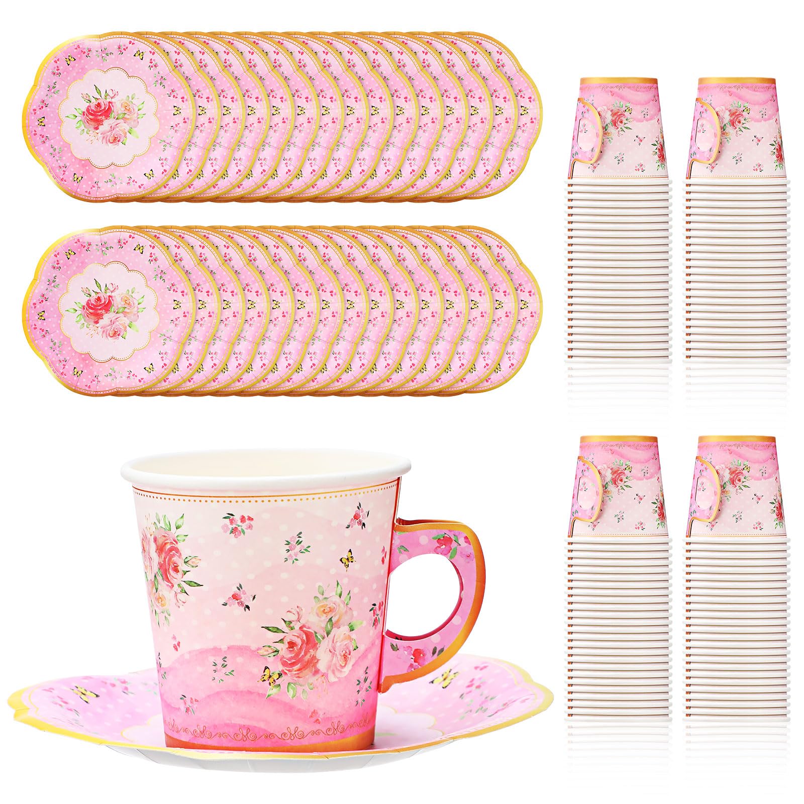 Rtteri 100 Pcs Tea Party Decorations - 50 Pcs Disposable Pink Floral Tea Cups & Saucers - 6.5 oz Capacity - Ideal for Tea Parties, Birthdays & More