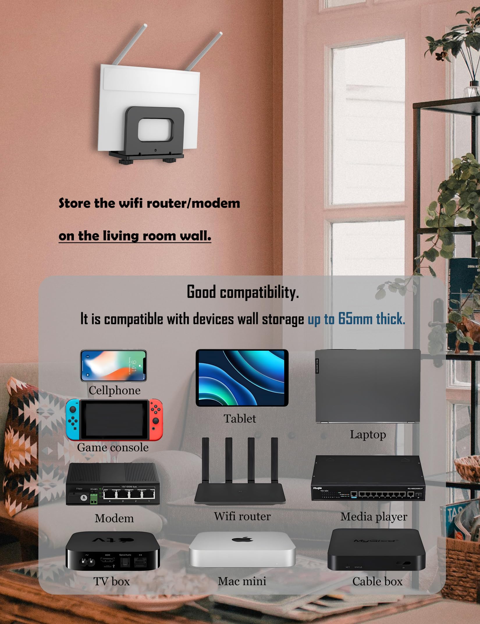 Uchwyt ścienny do routera Wi-Fi / półki modemu do Apple TV/ROKU, kompatybilny z odtwarzaczem multimedialnym/przełącznikiem/WII/Power/Mini PC/Mac mini, mocowany klejem lub śrubą (czarny)