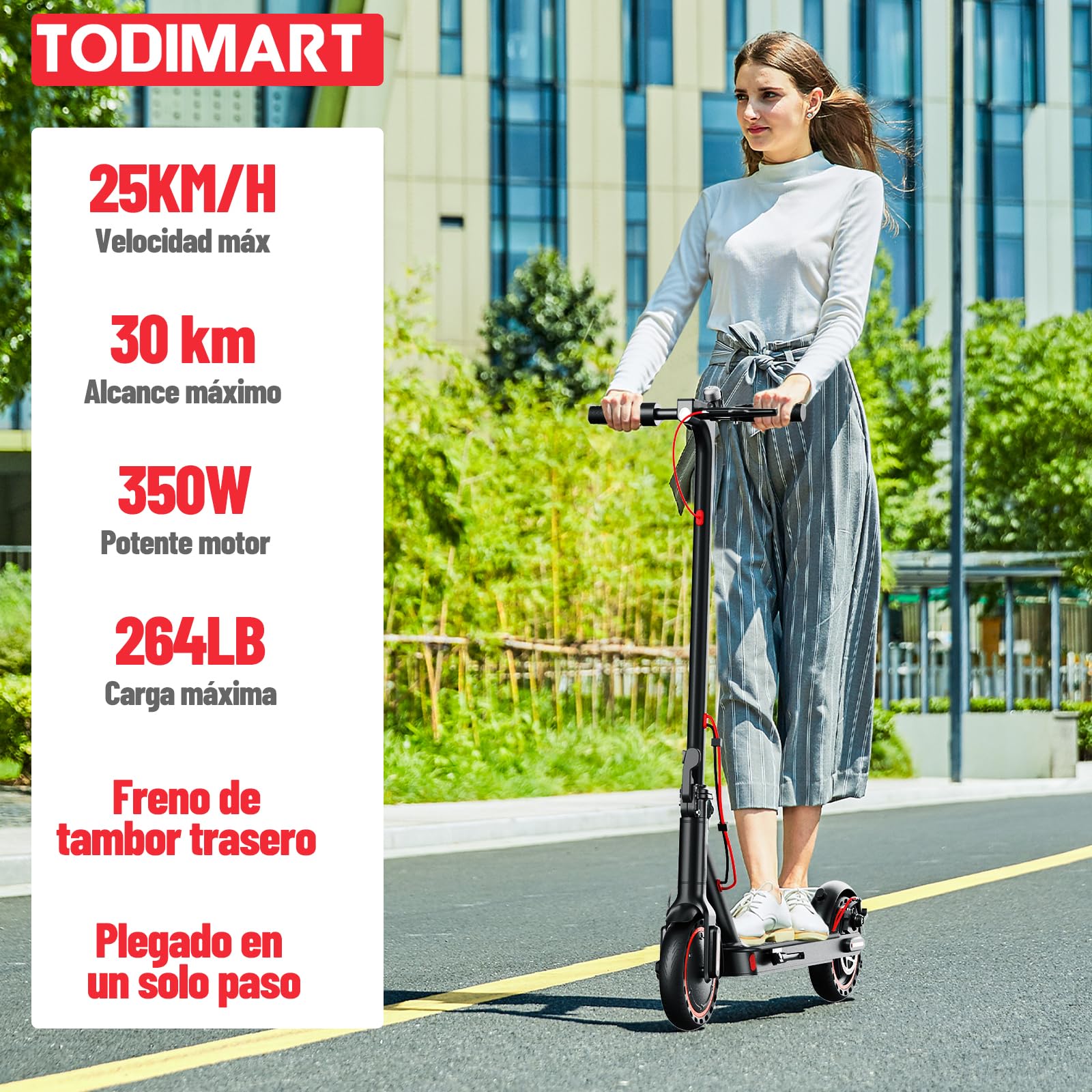TODIMART Hulajnoga elektryczna dla dorosłych, silnik 350 W, zasięg 20-30 km, opony lite 8,5", 3 prędkości i składana - z aplikacją, dla nastolatków i dojeżdżających do pracy