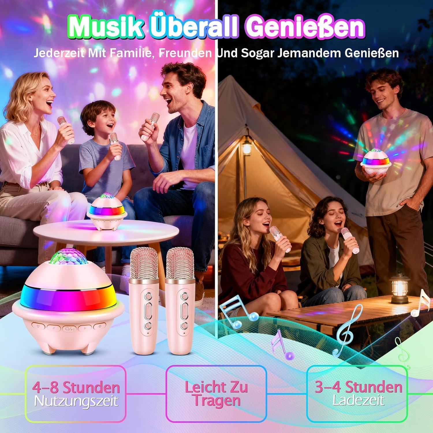 JONRRYIN Zestaw do karaoke z 2 mikrofonami, przenośna maszyna do karaoke Bluetooth dla dzieci ze światłem dyskotekowym i 5 efektami dźwiękowymi, głośnik Bluetooth dla dzieci, muzyka, prezent na Boże
