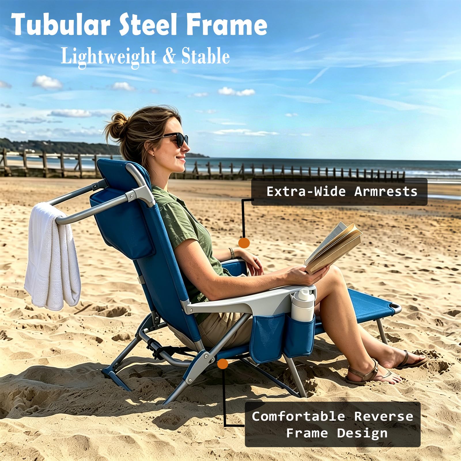 #WEJOY Chaise de Plage Pliable Fauteuil de Plage Camping à 4 Position Réglable Siege de Plage Pliante Portable Chaise Basse de Camping en Aluminium Charge 120 kg pour Voyage Pique-Nique Jardin