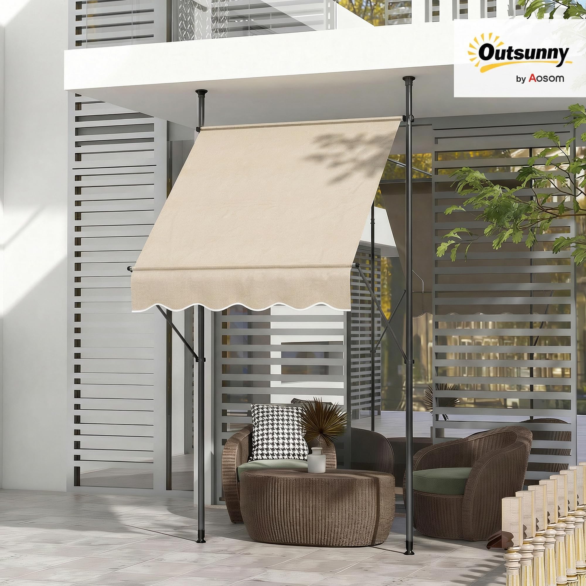 Outsunny Store banne autoportant Manuel auvent rétractable 1,5L x 1,2l x 2,1-3H m Inclinaison réglable pour Balcon sans Trous à percer métal alu Polyester Sable