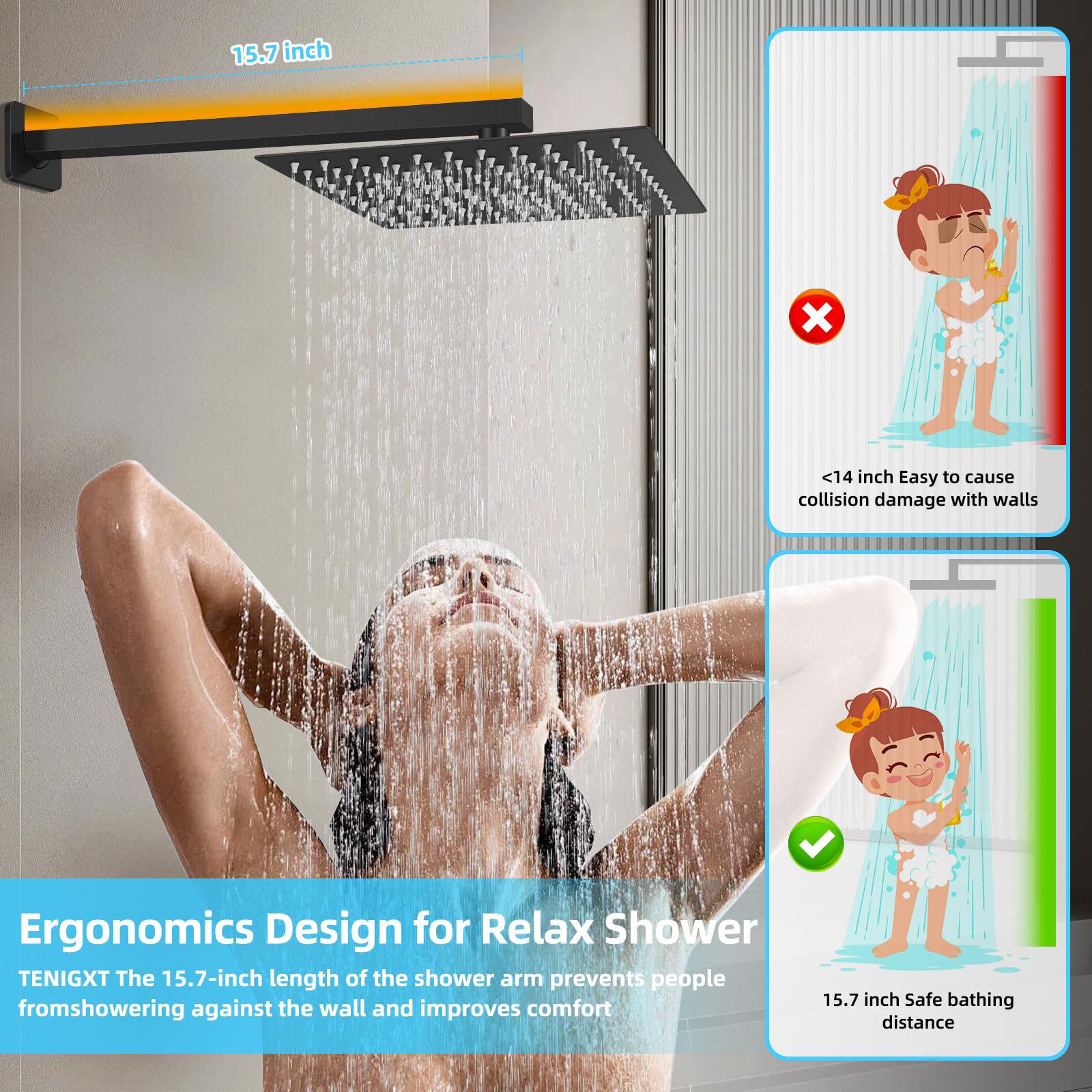 Juego de grifo de ducha de baño montado en la pared, con válvula de ducha y kit de molduras de mango, sistema de ducha de lluvia (negro mate, 10 pulgadas) 5