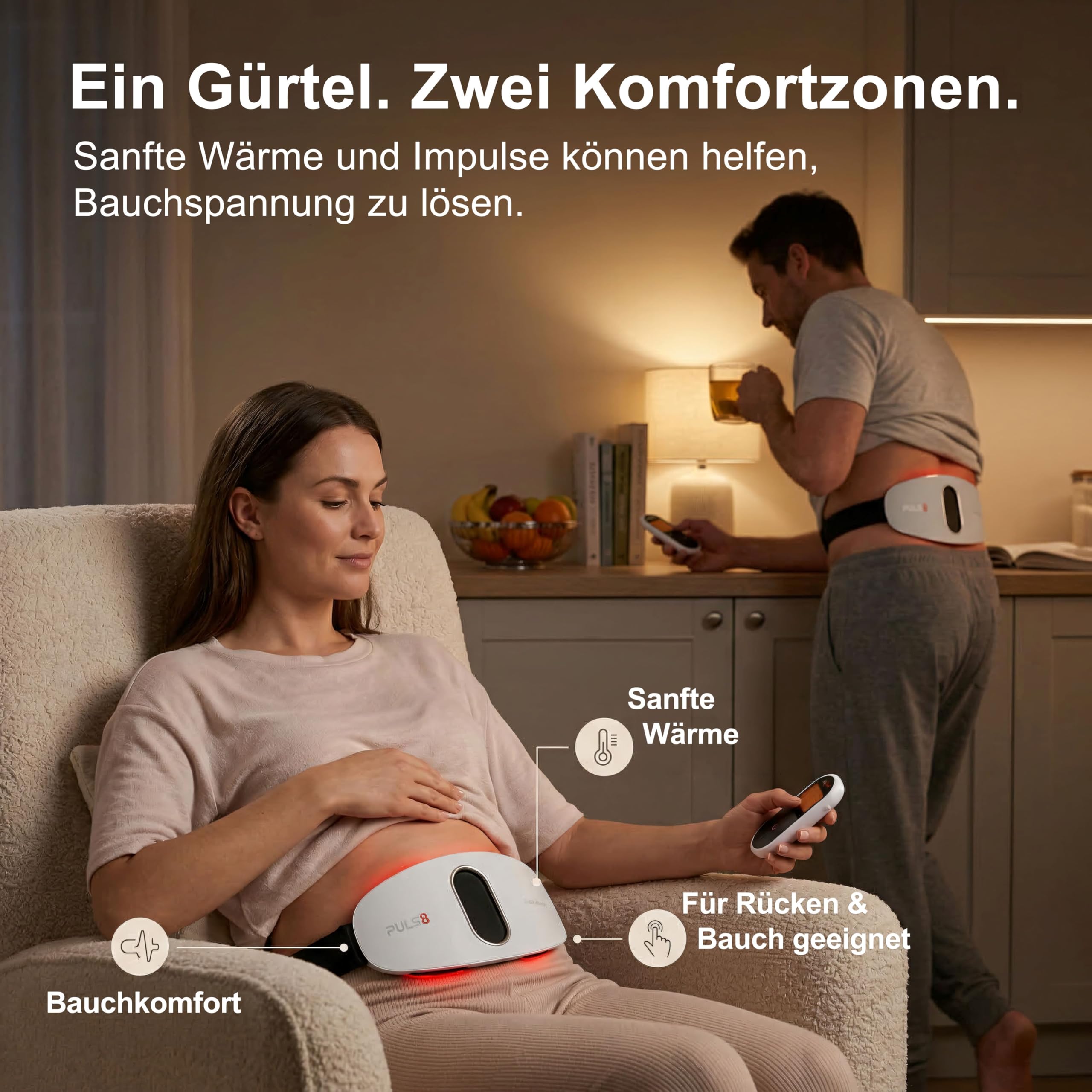 MEDiBrace PULS8 Lenden- & Bauch-Pulsmassage-Gürtel für den unteren Rücken mit Wärmefunktion, USB-C-wiederaufladbar, kabellos, Rotlicht (LED)