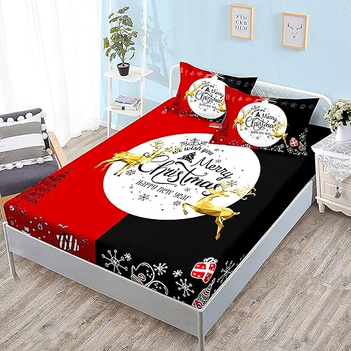 Miniatura 10 de ZYFAB Christmas Fitted Sheet Set Elk Bedding Sheet SetUltra Soft Bed Cover Christmas Tree Printed Bedspread New Year Gift Bedroom DecorISingle