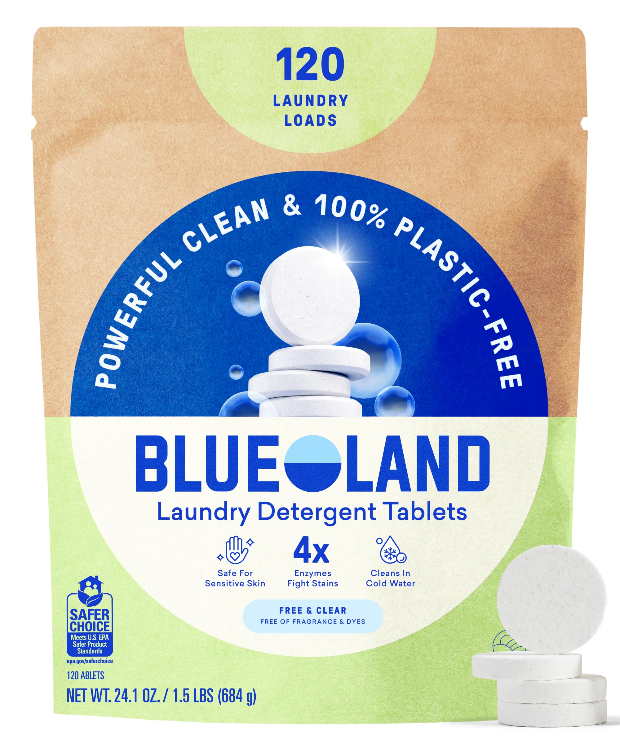 BLUELAND Pastillas de detergente para ropa, 120 unidades, cápsulas ecológicas sin plástico, hojas, alternativa líquida, sin fragancia y transparente, seguro para pieles sensibles, levanta manchas y