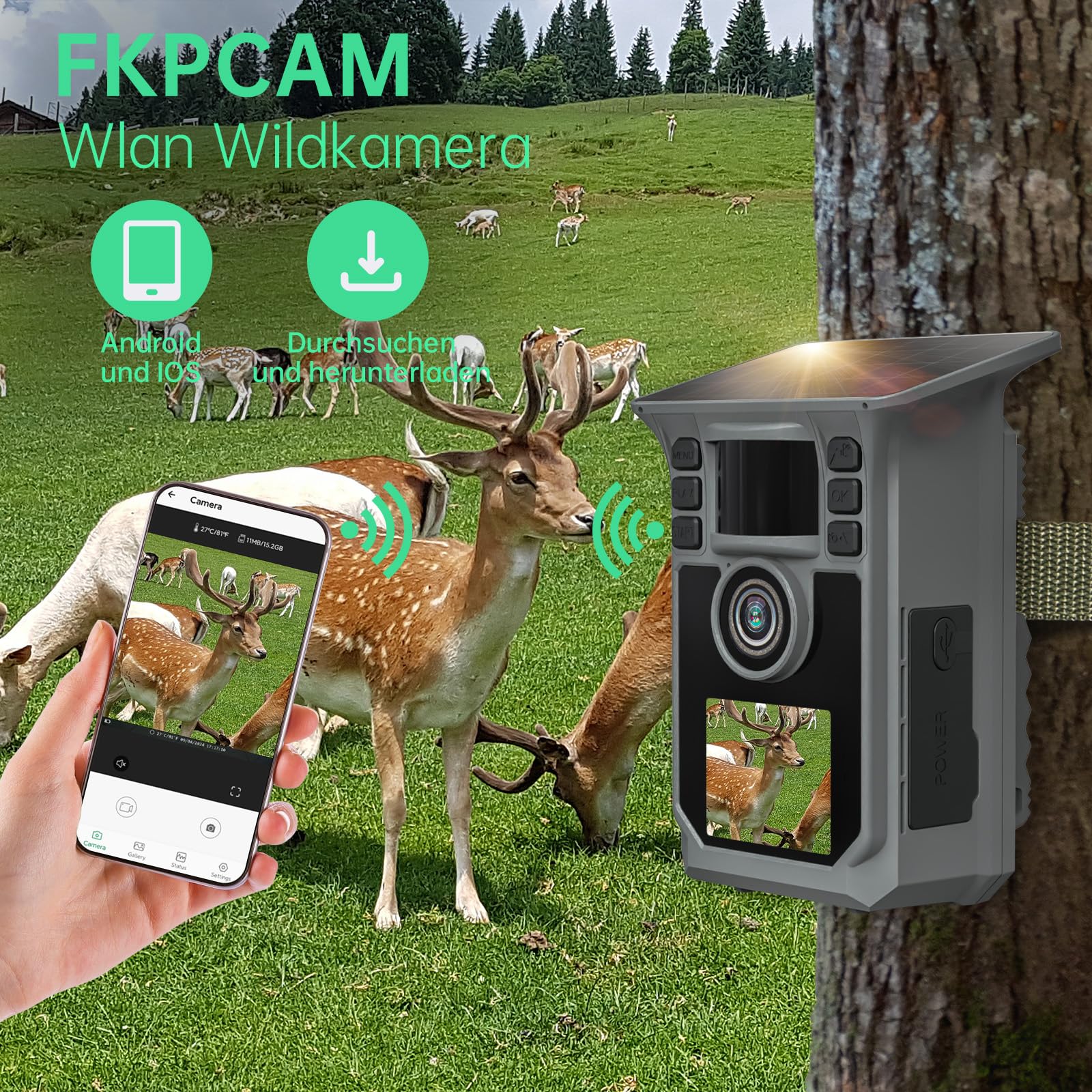 Wildkamera mit Handyübertragung APP, 4K 64MP Solar WLAN Bluetooth Eingebaute 5000mAh, 64GB Speicherkarte, Wildkamera mit Bewegungsmelder Nachtsicht, IP67 Wasserdicht 130°Weitwinkel（Grau）