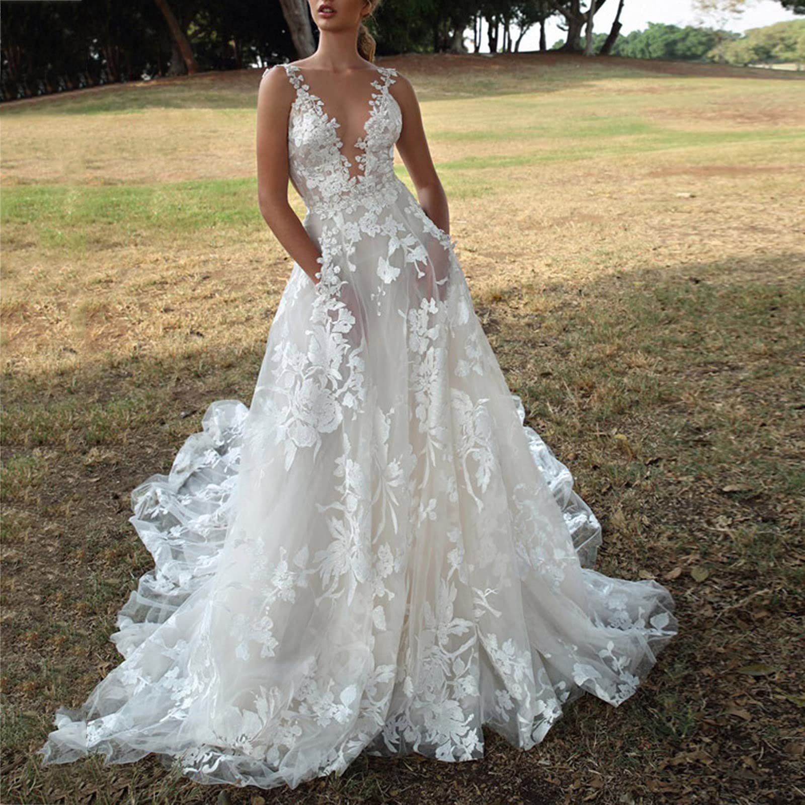 Longue robe blanche élégante, avec forme trapèze, col en V profond, dentelle et dos nu, pour mariage, bal, soirée, cocktail