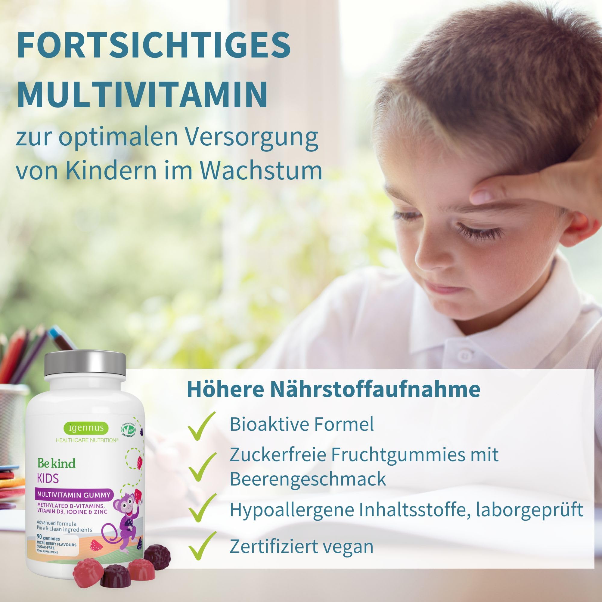 Methylierte Multivitamin Fruchtgummis für Kinder, aktive B-Vitamine, 90 Stück, Clean Label, zuckerfrei, ab 4 Jahren, Beerengeschmack, vegan, ohne künstliche Süßstoffe & Aromen, von Igennus