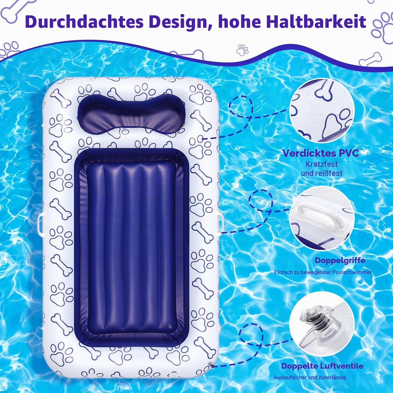 MoKo Pool Luftmatratze für Hunde, 150x90 cm für Hunde der Größen S/M/L, Schwimmmatratze mit Integriertem Staufach für Spielzeug und Futter, Aufblasbare Matratze, Blau Knochen Klaue