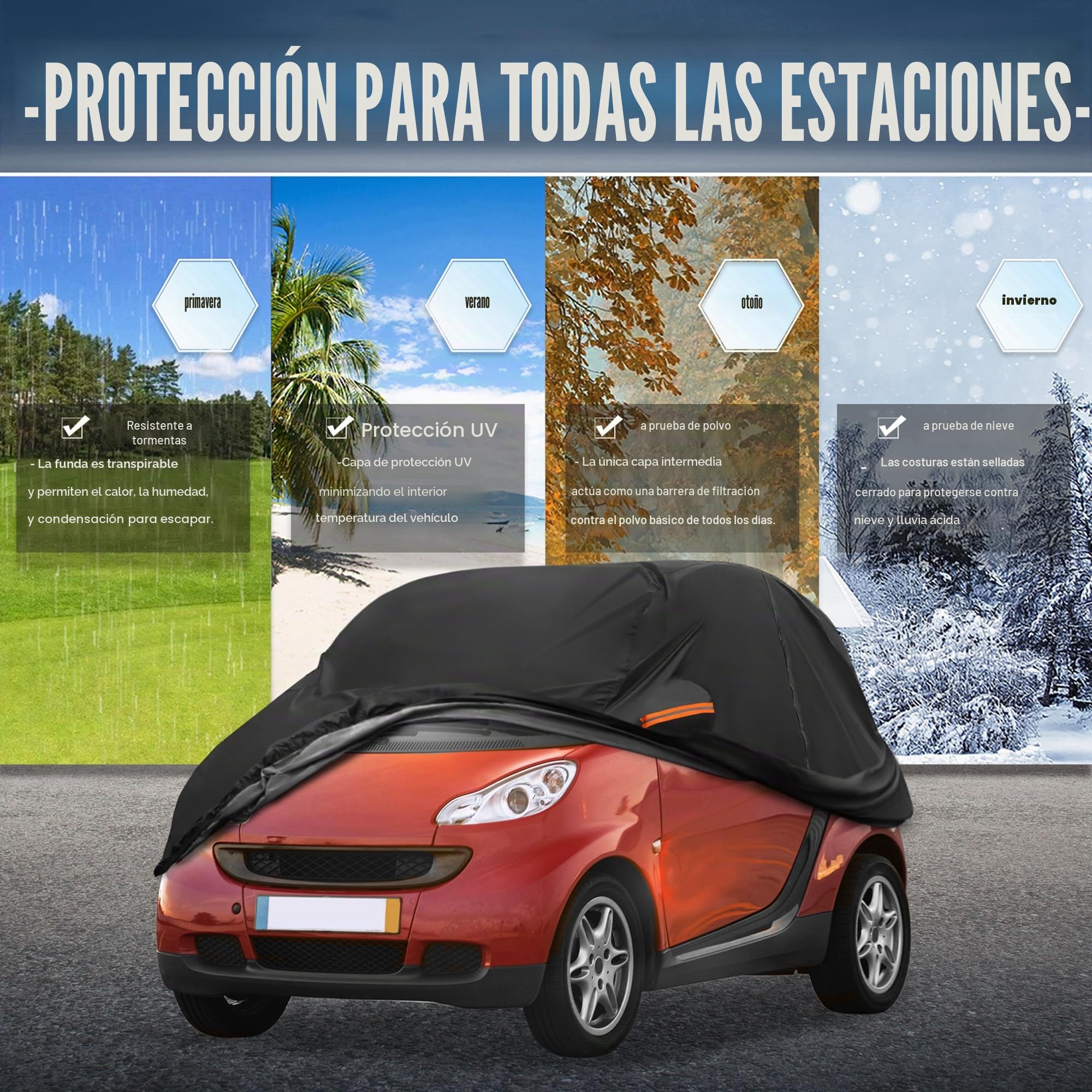 X AUTOHAUX Funda de coche para Smart Fortwo 2007-2019 210D-PU para exteriores, para todo tipo de clima, con cremallera de puerta, impermeable, resistente al viento, protección contra el sol, la lluvia