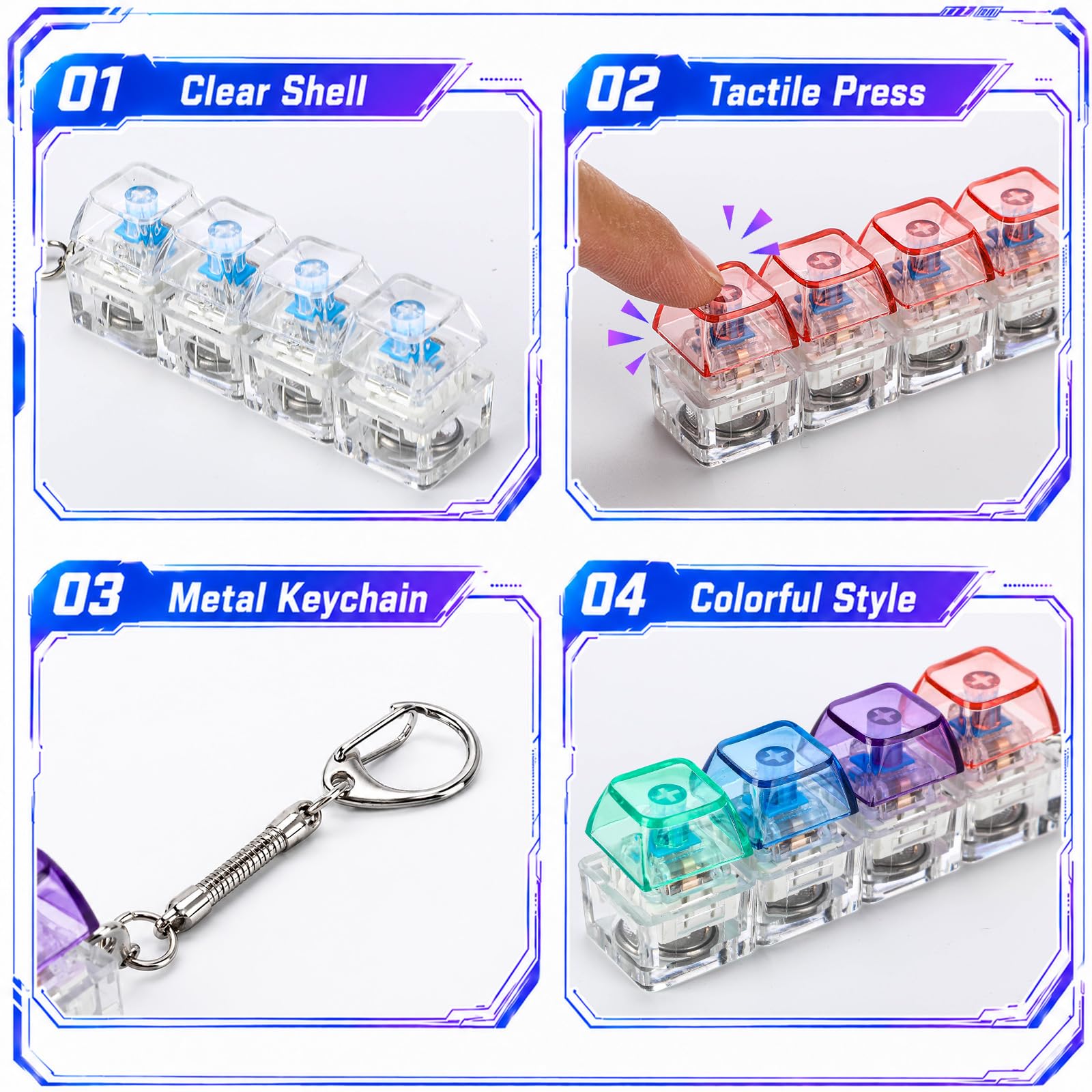Blulu Lot de 20 porte-clés lumineux avec lumière LED - Mini clavier mécanique - Jouets pour soulager l'anxiété et le stress - Multicolore (transparent)