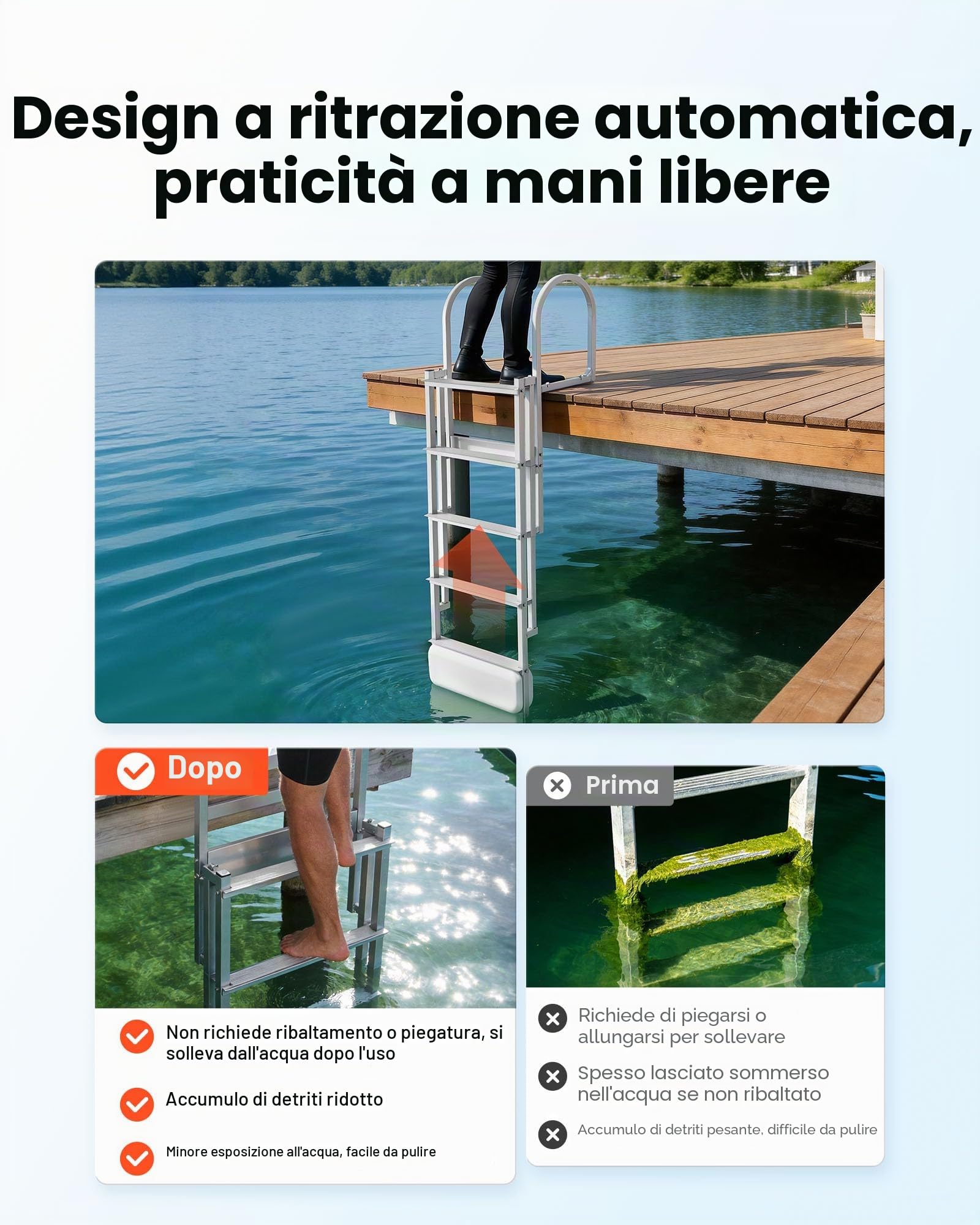 VEVOR Scaletta Telescopica per Molo, Scaletta Dritta Retrattile da Pontile, 5 Gradini Antiscivolo in PP, Portata Massima 227 kg, Struttura in Lega di Alluminio, Galleggiante Auto-Sollevante, per Laghi