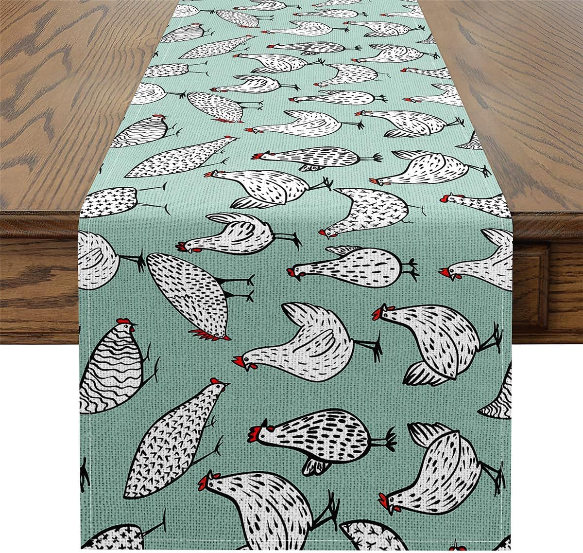 jejeloiu Chicken Table Runner 13" x 108" Farm Animal Seasonal for Farm Decor Home Decor for Living Room Dresser Scarfs Dresser Runners Rustic Farmhouse Table Decor for Kitchen Dinning, Green White