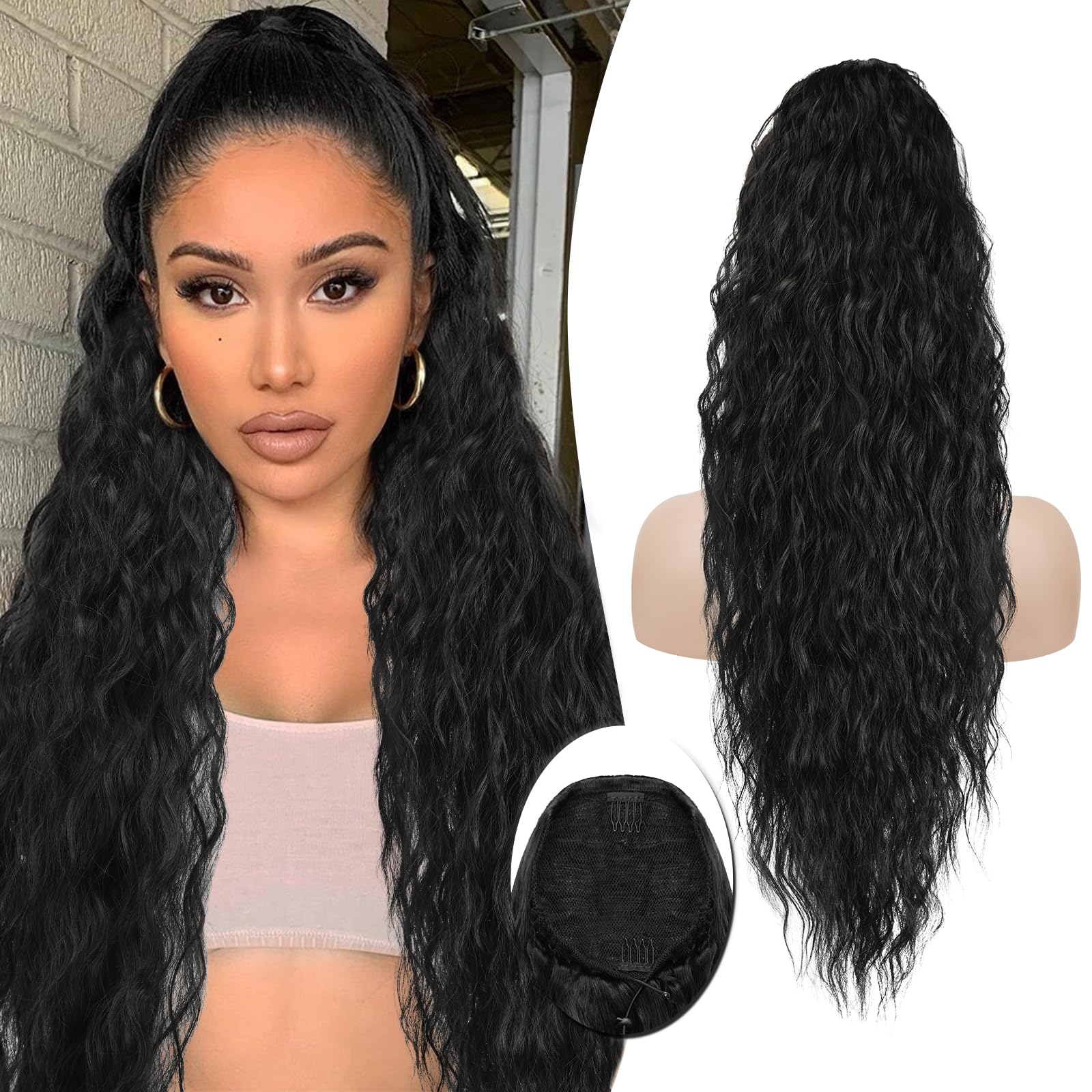 PEACOCO Ponytail Extension, 26 Inch Drawstring Ponytail Hair Extension for Women, Synthetic Long