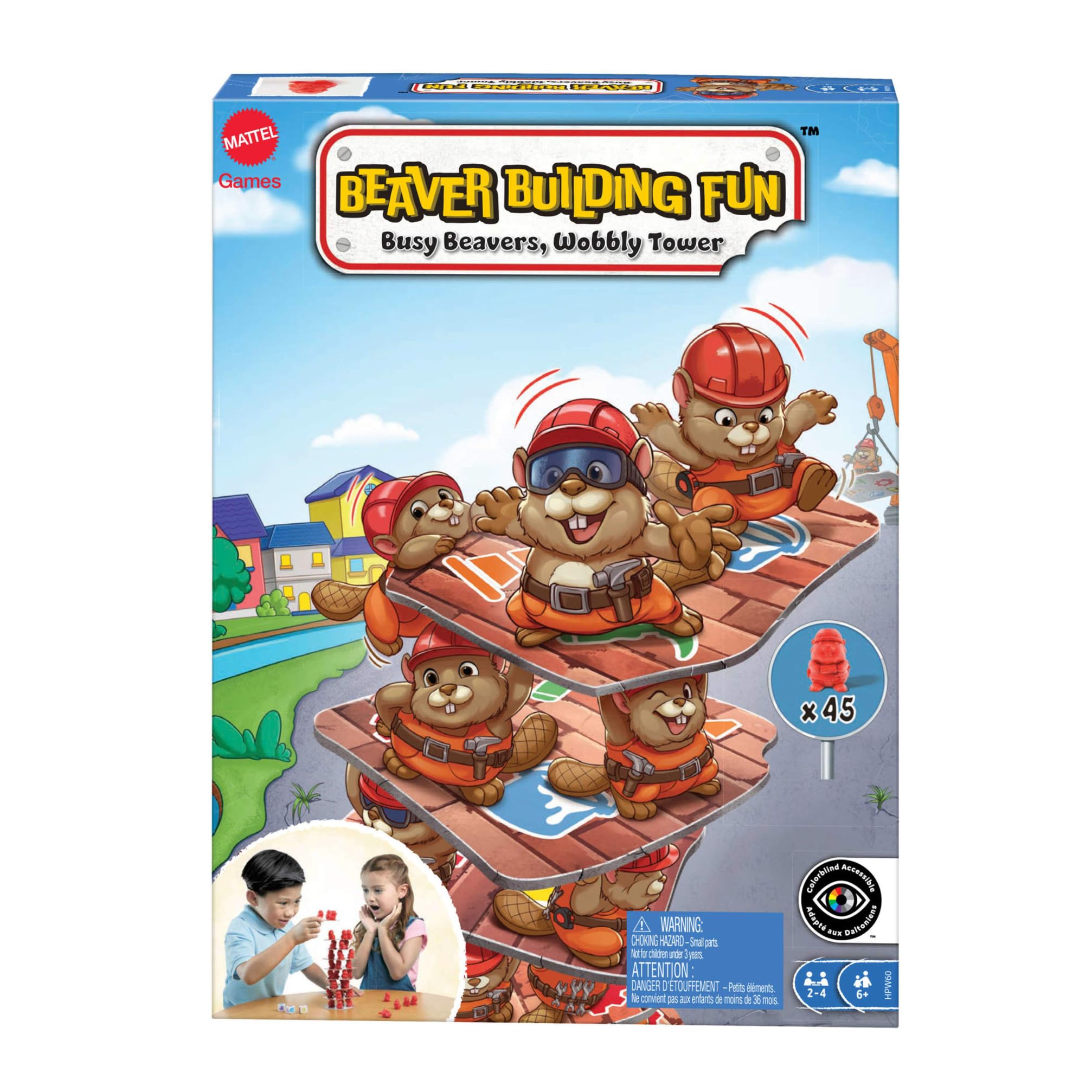Mattel Games Juego de mesa familiar Castores Constructores, juego de habilidad para construir una torre con fichas y figuras de castores, juguete +6 años (HPW60)