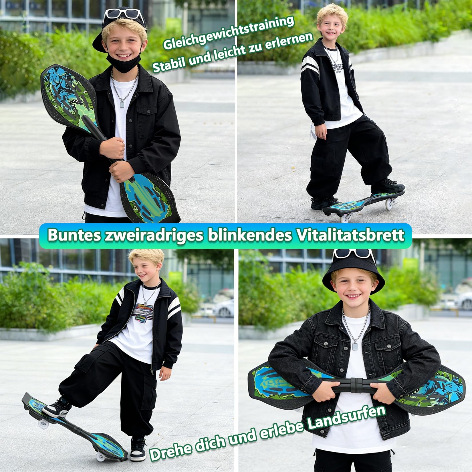 Waveboard für Kinder und Erwachsene - Snakeboard mit LED Leuchtrollen Bremssystem, bis 129kg, Alu-Rahmen, 360° Drehbar, inkl. Schutzset Tasche für Straße Skatepark