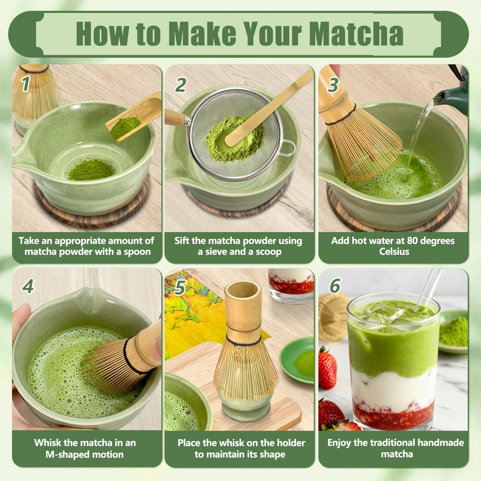 Trzepaczka do matchy, EnGiTores 6-częściowy zestaw ceramicznych matcha, zestaw do matchy na ceremonie, zestaw do przygotowania śniadania/matcha latte, trzepaczka do matchy z 2 filiżankami do matchy