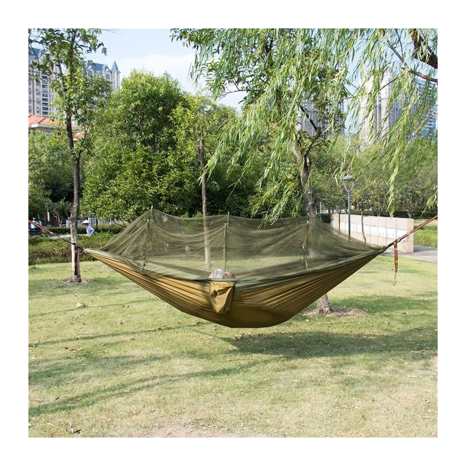 Hamaca doble mosquitera para exteriores, 300 x 200 cm, color verde militar, antimosquitos, antivuelco, tela de nailon para paraguas, ideal para acampar