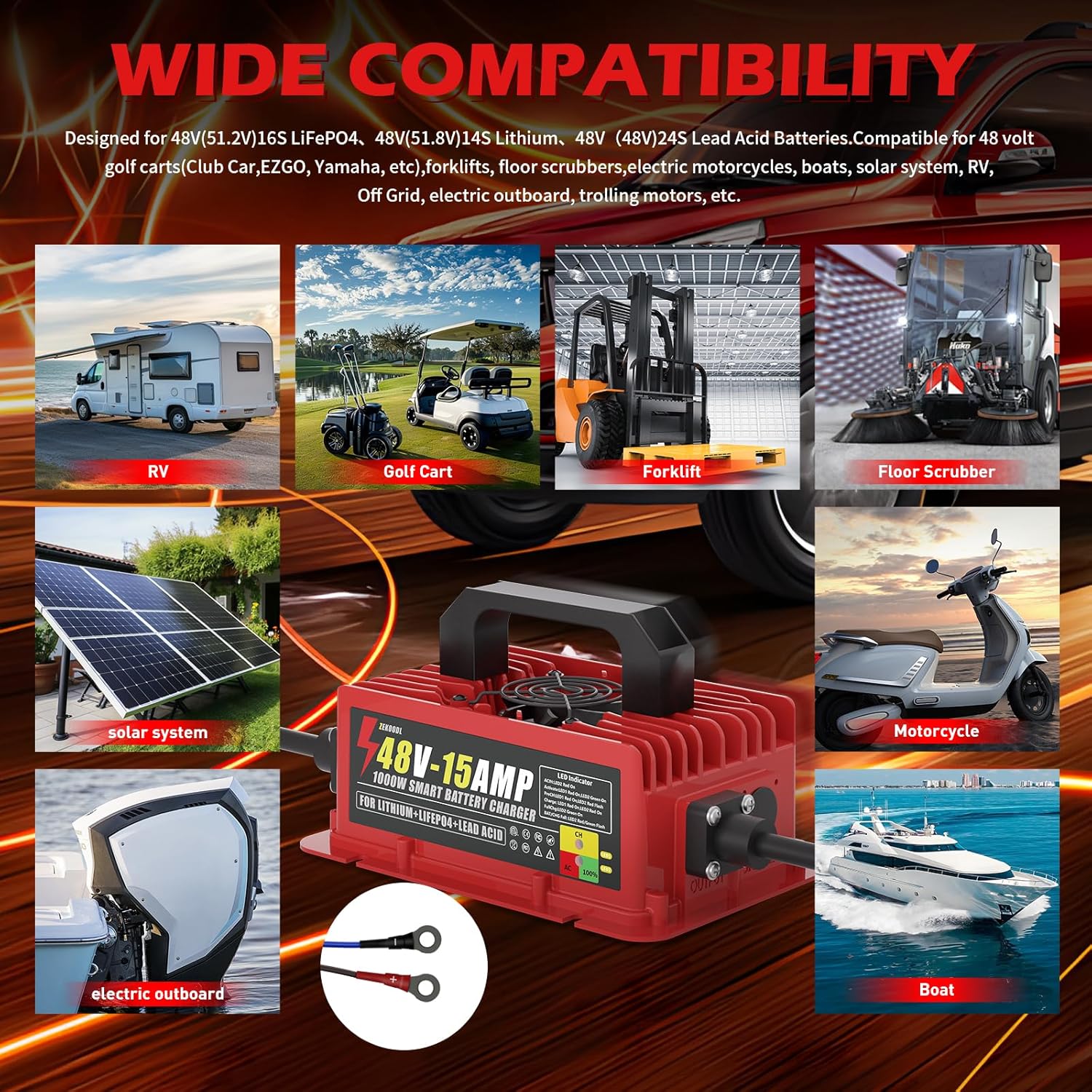 48V Battery Charger,1000W 15A Golf Cart/Forklift Charger for LiFePO4/Lithium/Lead Acid | IP67 Waterproof 16FT Cable | Fan Cooling & Aluminum Housing | Floor Scrubber, Lift,RV,Boat,Etc