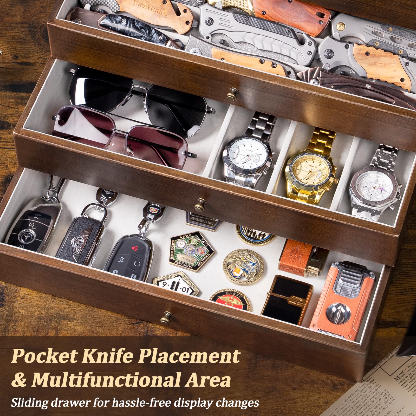 5 Étages Présentoir à Couteaux, Grande Vitrine à Couteaux pour Plusieurs Couteauxs Pliants, Vertical Coffret Poignard avec Tiroir, Support à Couteauxs en Bois pour Collections, Cadeau (Noyer)