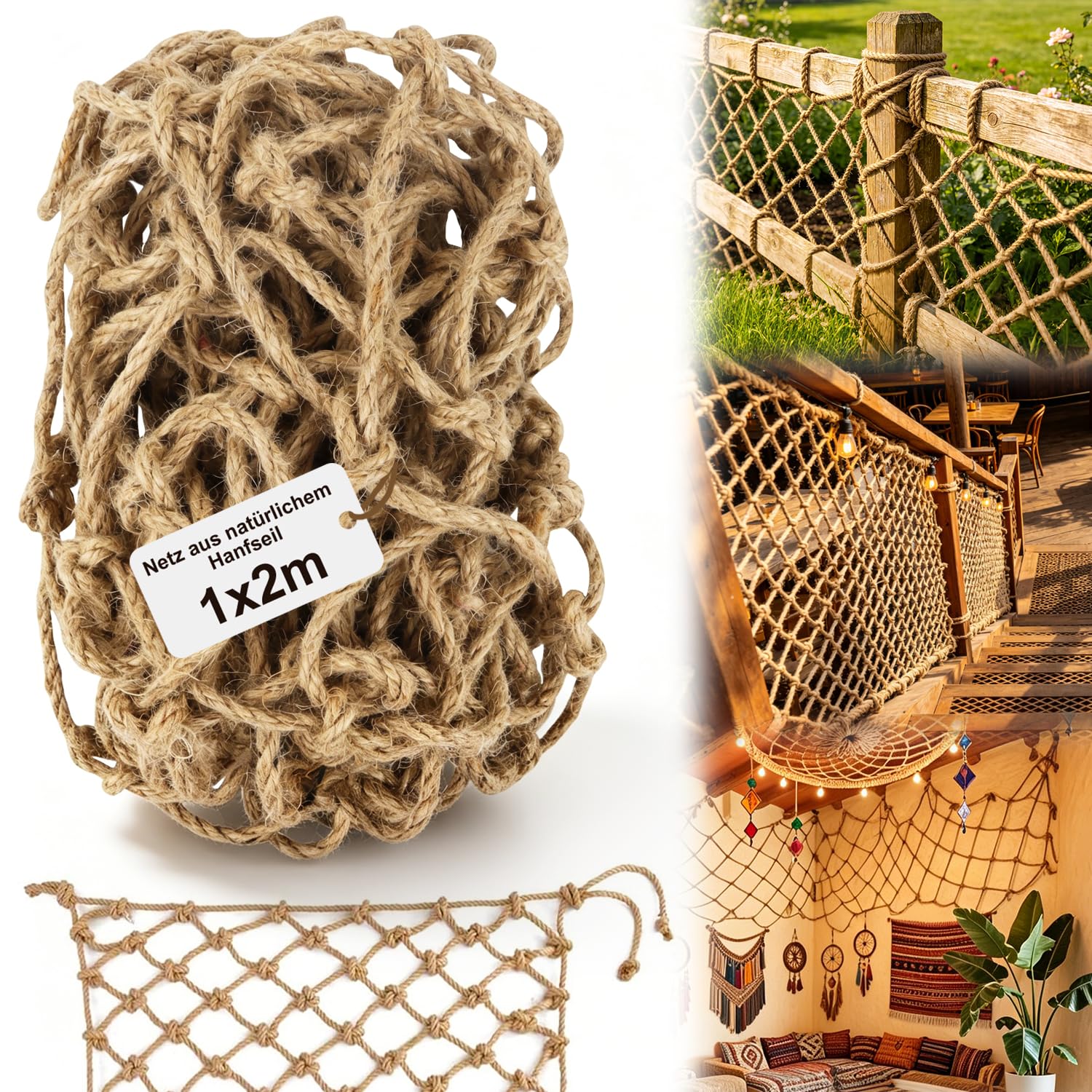 Sicherheitsnetz Dekoratives Seilnetz Hanfseilnetz 6mm Schutznetz Kinder 1x2m Hanfnetz Outdoor Ranknetz Jute Netz Pflanzen Deckennetz Hindernisschutz für Balkone Treppe Gärten Spielplätz