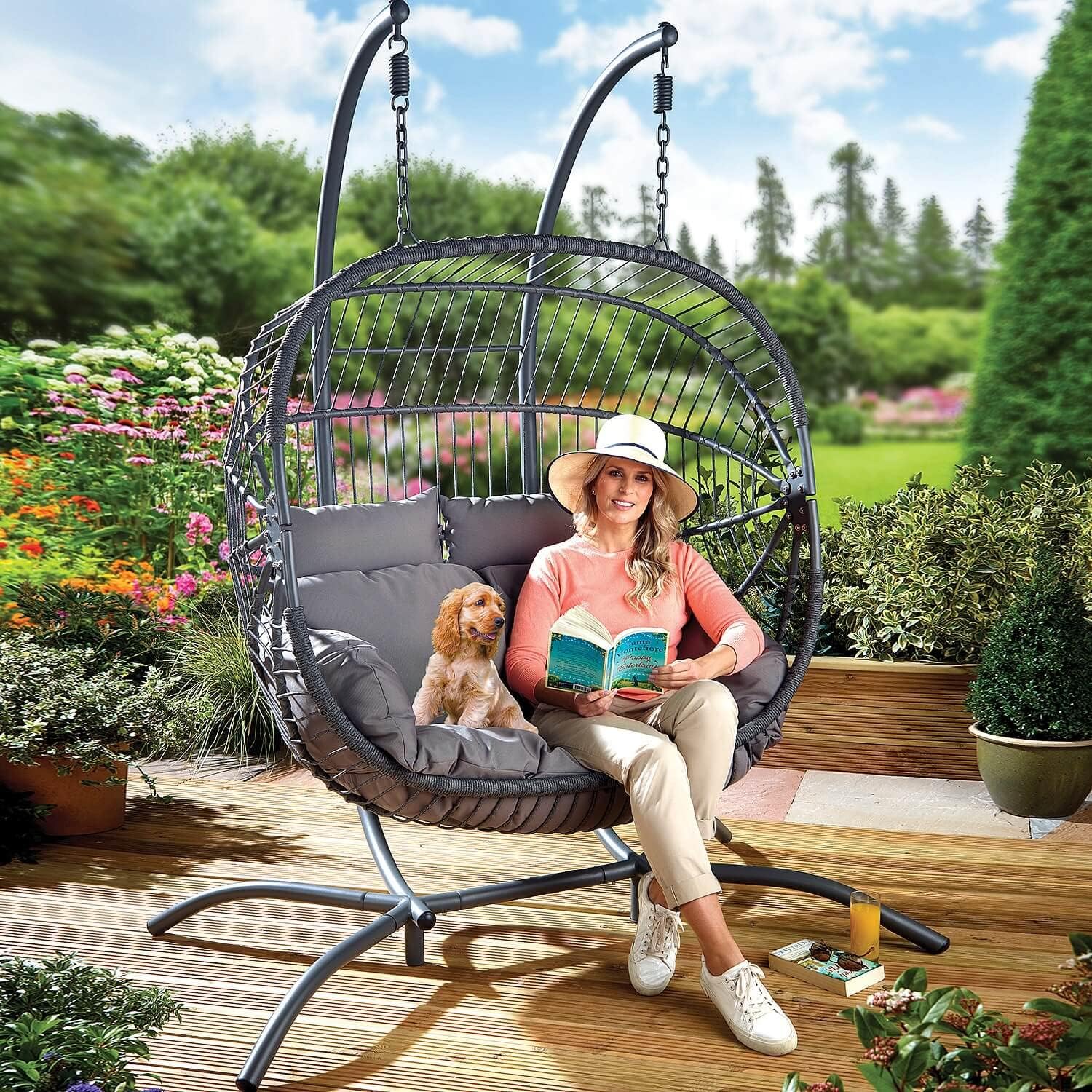 Double Egg Hanging Swing Chair, Rattan Basket, Steel Frame, Grey Amazon.co.uk Garden