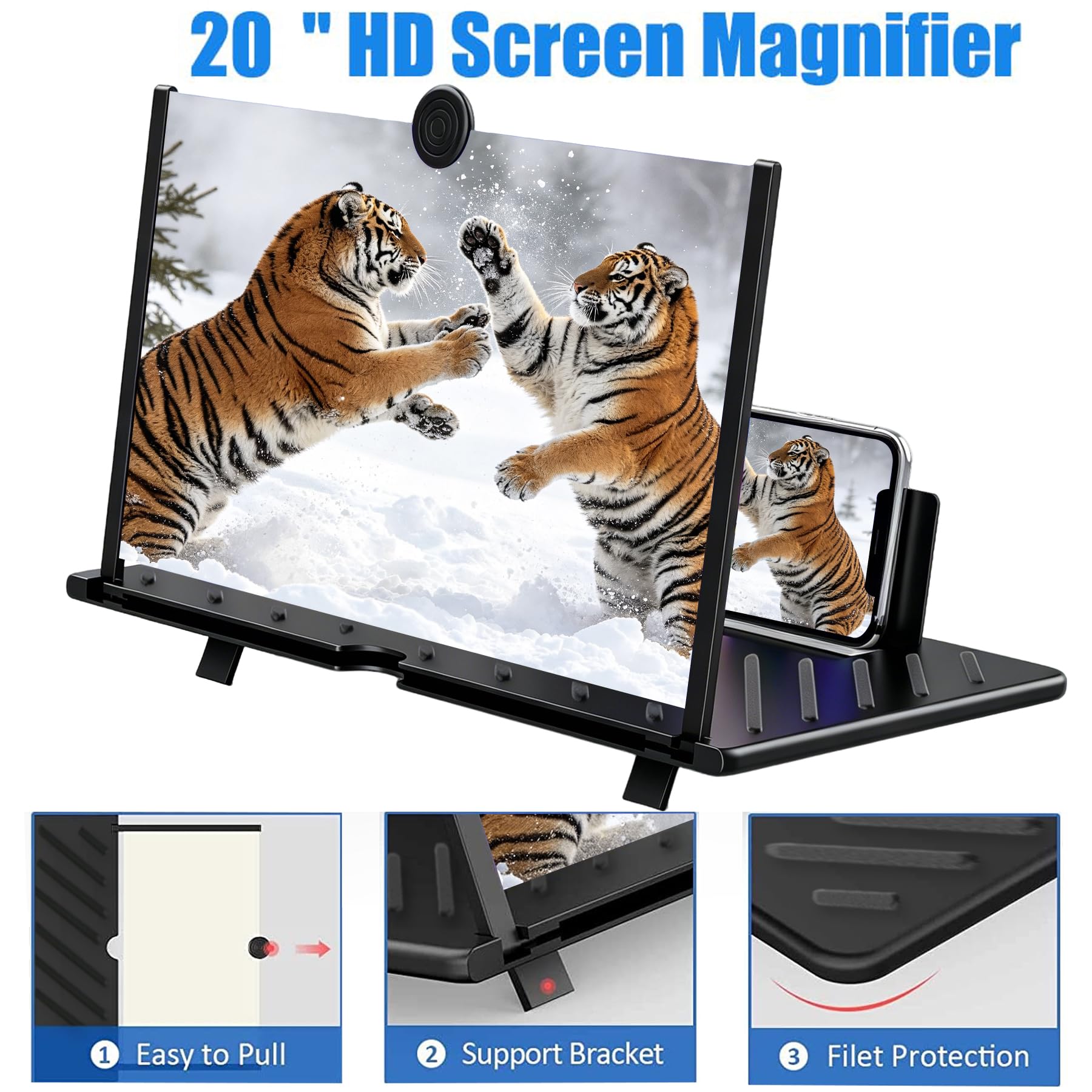 Lupa de pantalla de 20 pulgadas para teléfono móvil, proyector de aumento de pantalla 3D HD para películas, videos y juegos, soporte plegable para teléfono con amplificador de pantalla, compatible con