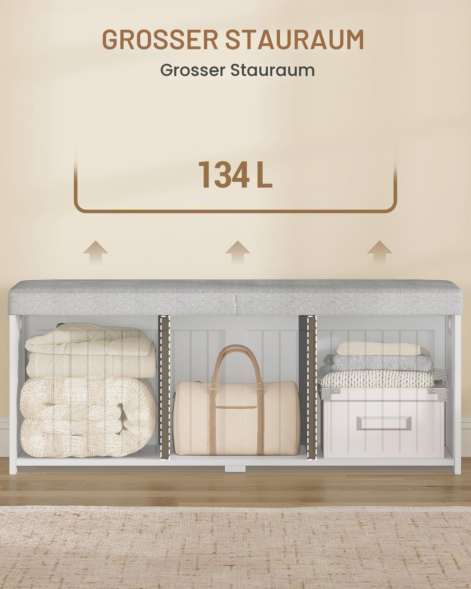 Hzuaneri Schuhbank mit Stauraum, 109 cm, Mit Leinenkissen, Weiß-Grau | Sitzbank, Aufbewahrungsbox, Für Wohnzimmer, Foyer und Eingangsbereich, 40 x 109 x 44,5 cm, SB01903GY