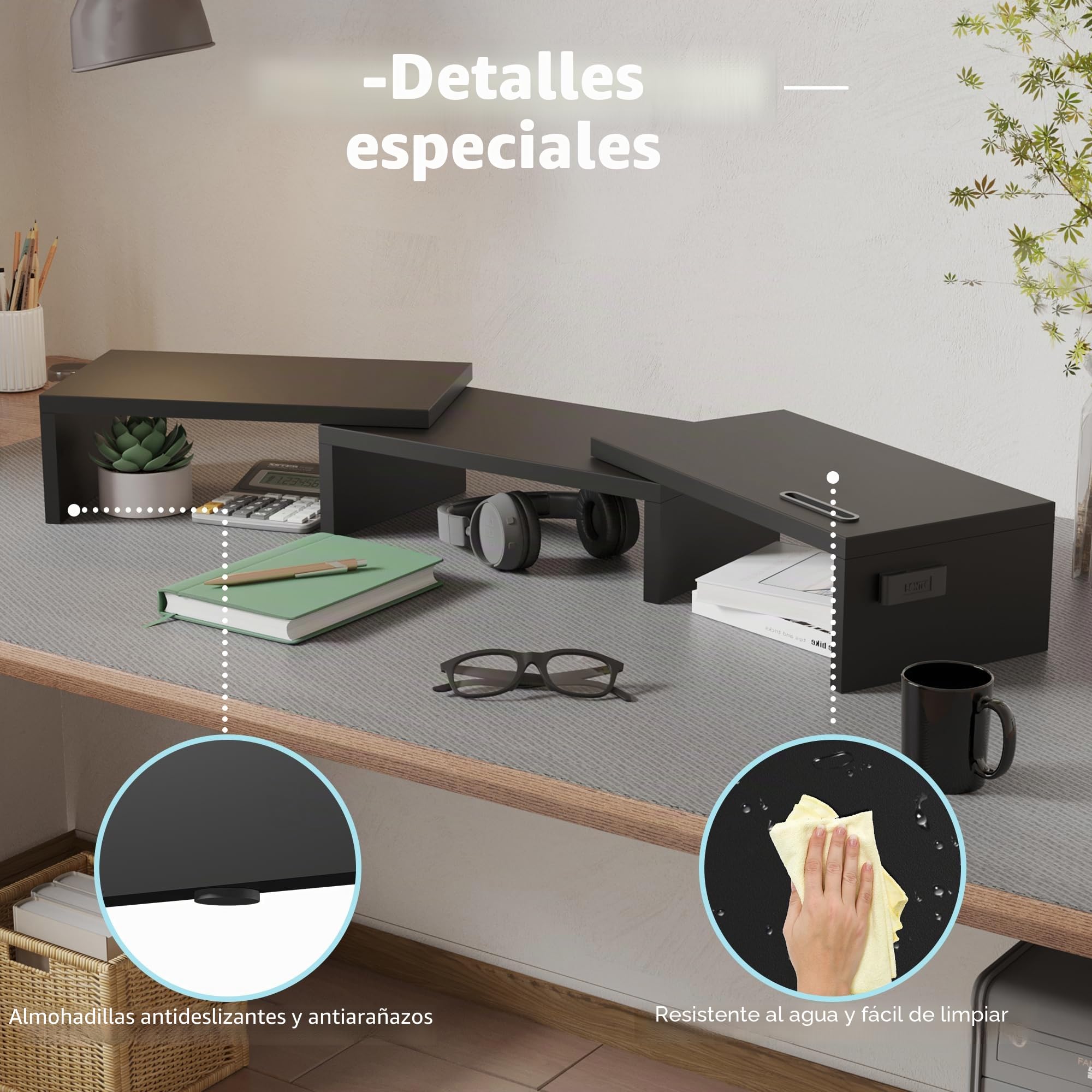 BONTEC Elevador Monitor de Madera para Doble Monitor, Soporte Giratorio Ajustable con Soporte para Smartphone