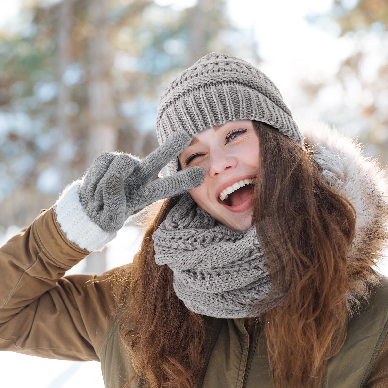 Liitrsh Juego de 12 gorros de invierno para mujer, gorro, bufanda, guantes de punto, calentador de cuello, guantes para pantalla táctil, cómodos, suaves y cálidos