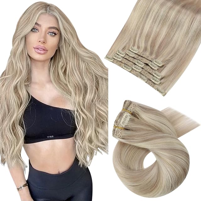 Moresoo Clip in Hair Extensions Real Human Hair Ash Blonde Hair Extensions Clip in Remy 10 Inch Ash Blonde with Platinum Blonde Clip in Extensions 5 Pieces/70g #P18/613