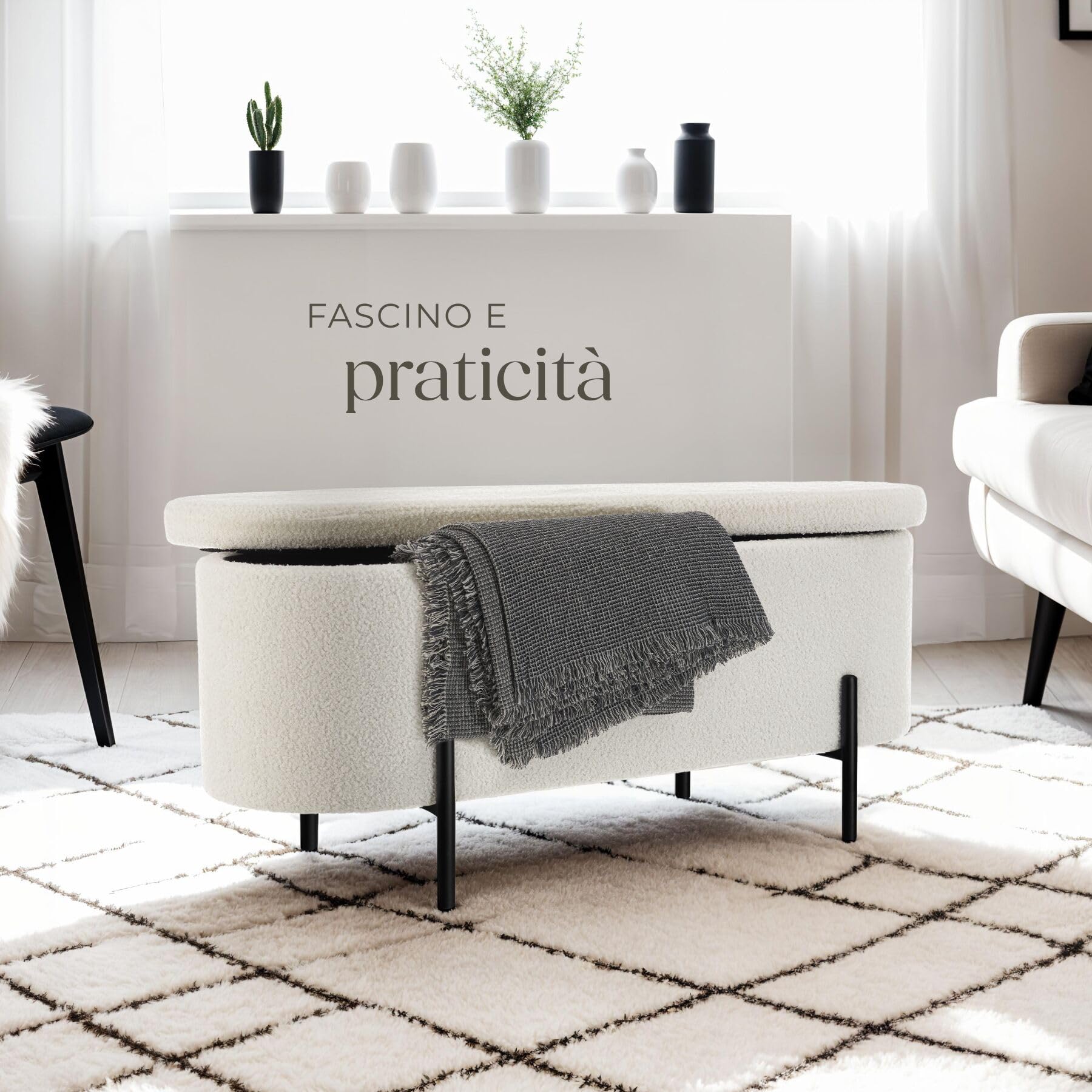 tectake® Panca Imbottita in Tessuto Bouclé, Panca Contenitore con Pratico Spazio Interno, Panca Comoda Pouf Contenitore con Gambe in Acciaio, Panca da Ingresso Design Scandinavo - Crema/Bianco