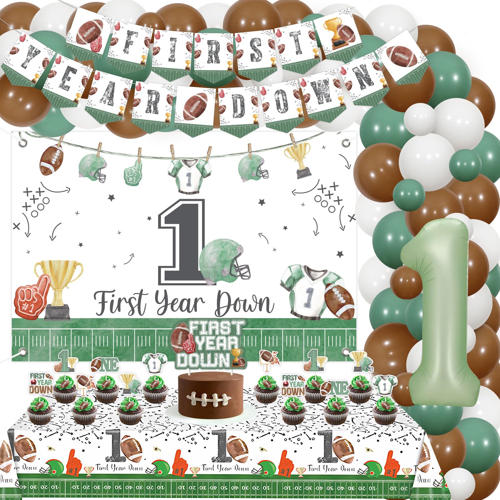 JOYMEMO Football 1st Birthday Party Decorations for Boys, Football Balloon Garland Arch Kit with First Year Down Backdrop, Tablecloth, Cake Decor, Number 1 Balloon, Sports Theme Party Supplies