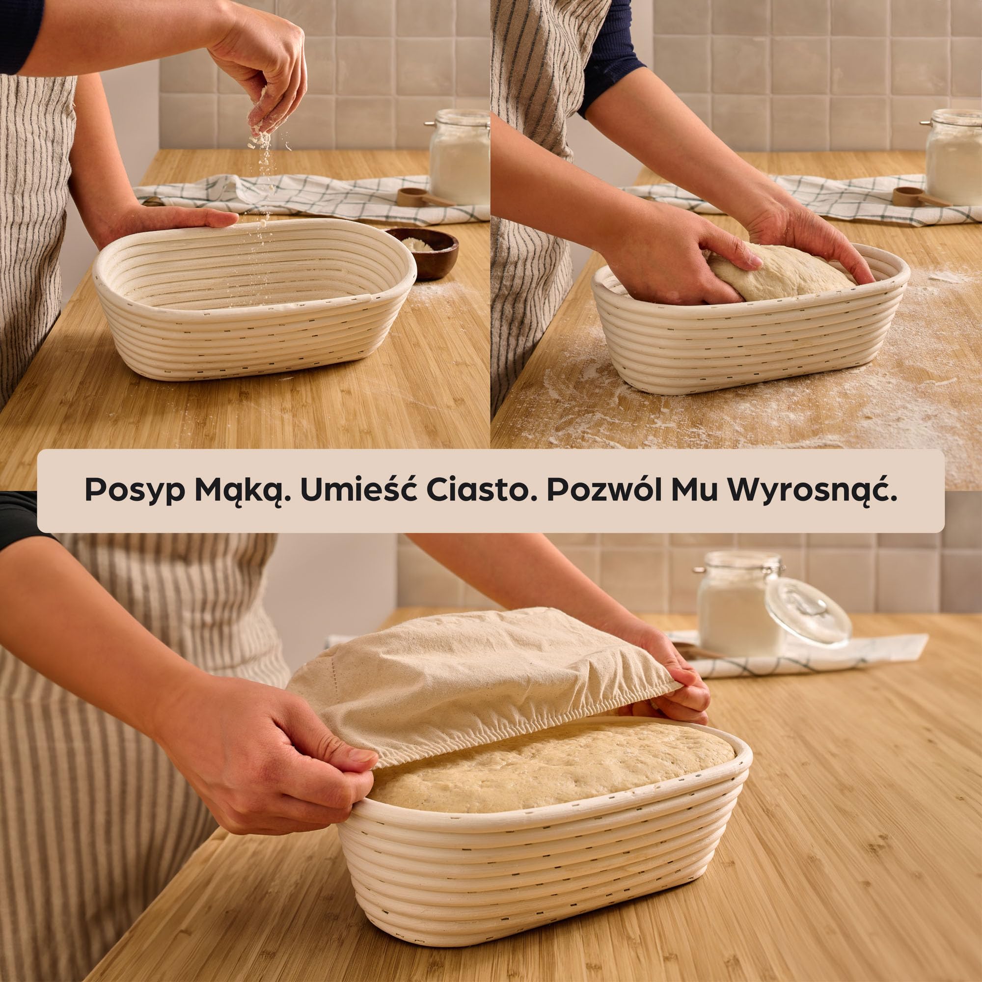 Koszyczek do Fermentacji Chleba - Owalny - Z Wytrzymałego Ratana - 28 cm - Zestaw z Szczoteczką, Materiałem lnianym i Workiem na Chleb