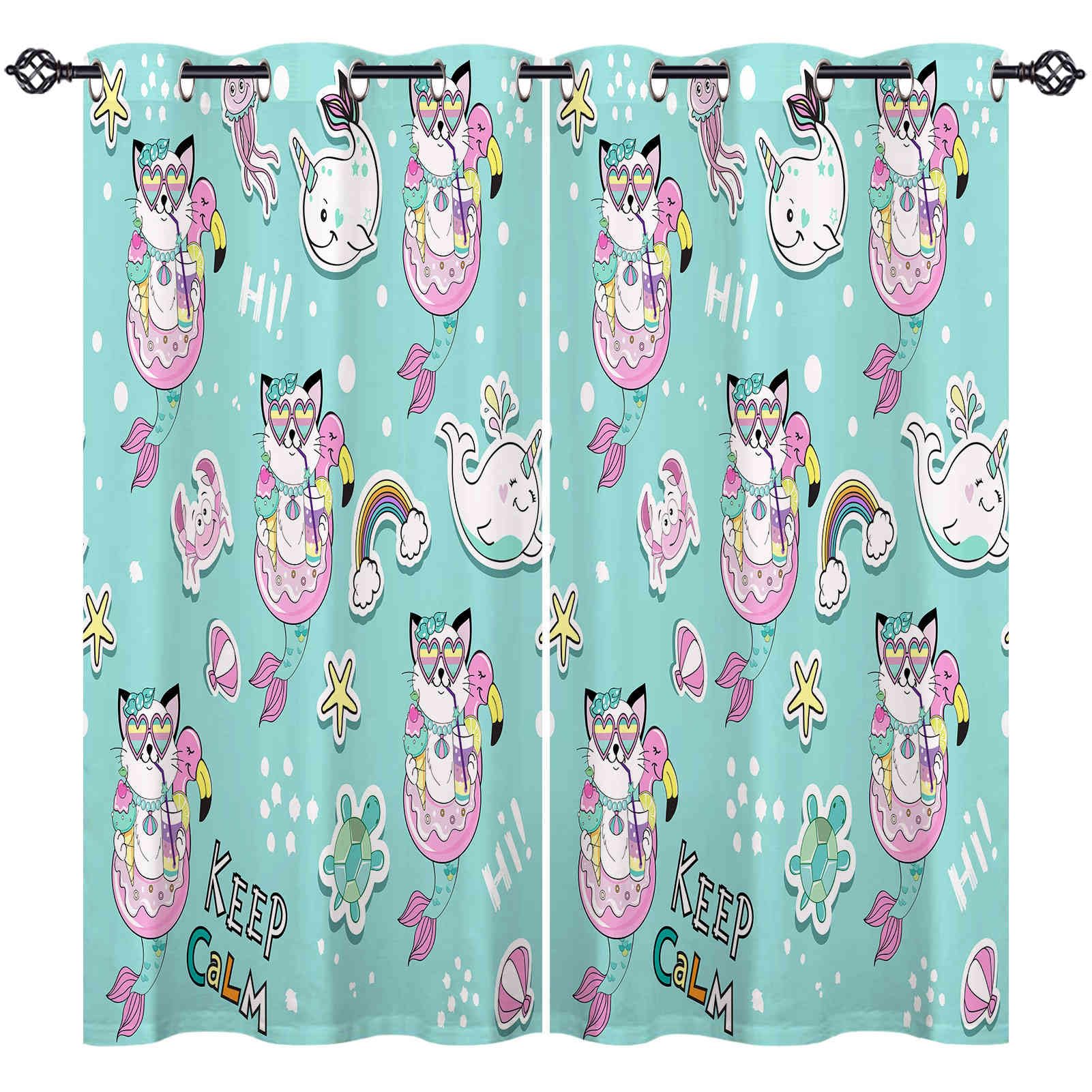 ANHOPE Cat Mermaid Curtains Eyelet 80% Blackout Room Darkening Curtains Unicorn Whale Flamingo Print Pattern Thermal Light Blocking Window Drapes for Bedroom Living Room 55 x 69 Inch Drop 2 Panels